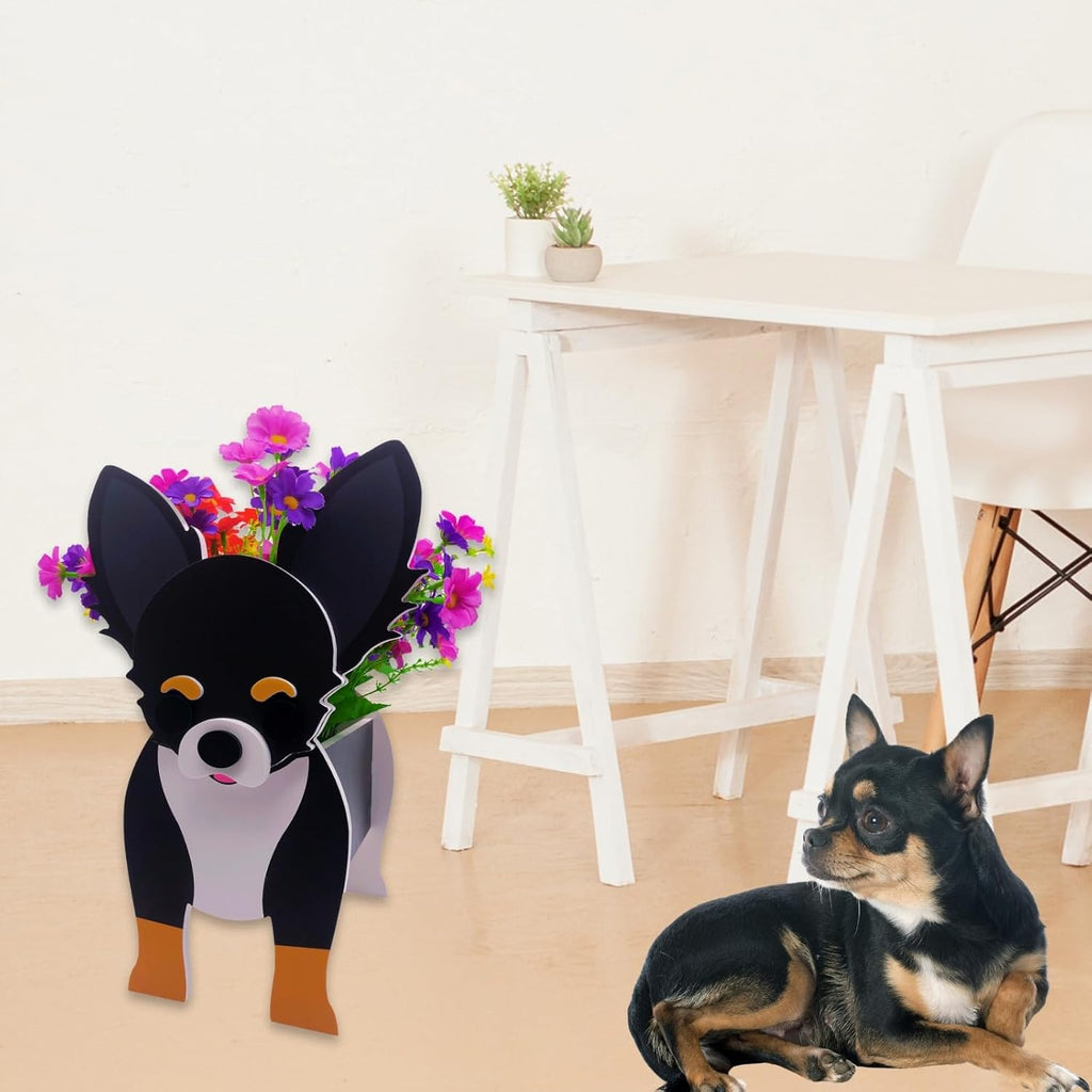 Black and White Chihuahua Dog Planter, Animal Shaped Flower Pot | Cute Plant Gift for Women and Pet Lovers, Indoor