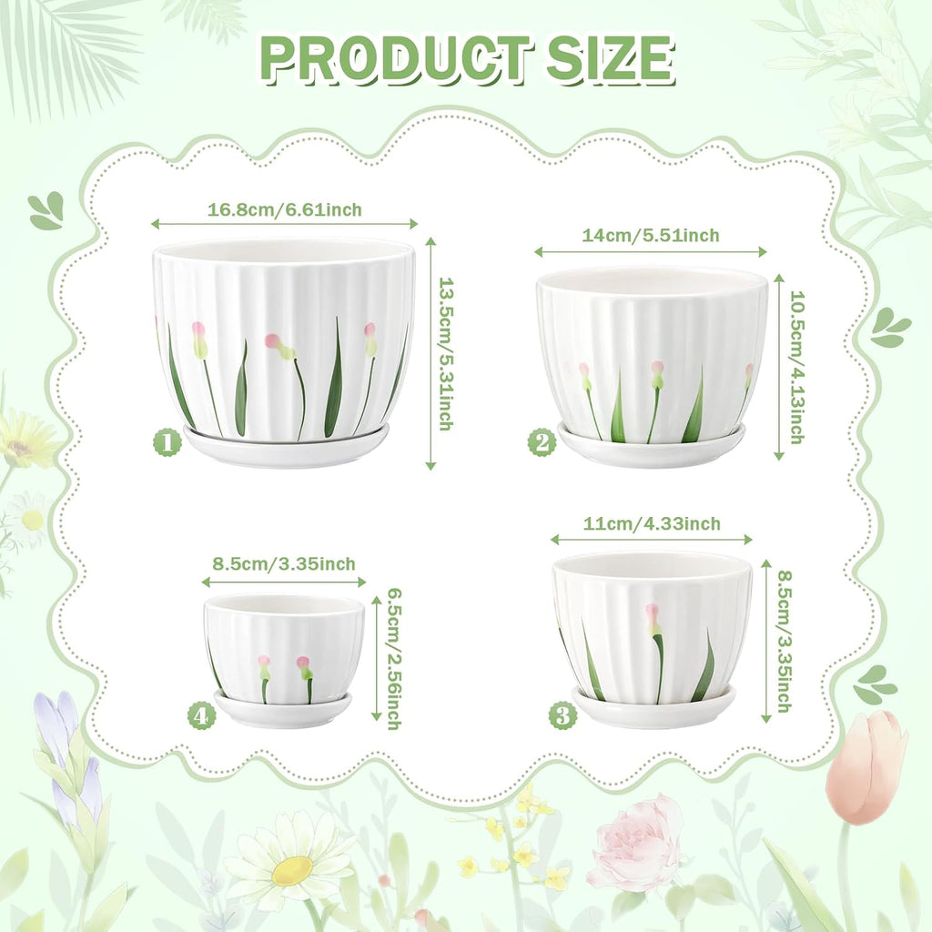 4 Pack Ceramic Orchid Pots with Drainage Holes and Tray 3.35+4.33+5.51+6.61 Inch Ceramic Plant Pot White Garden Planter