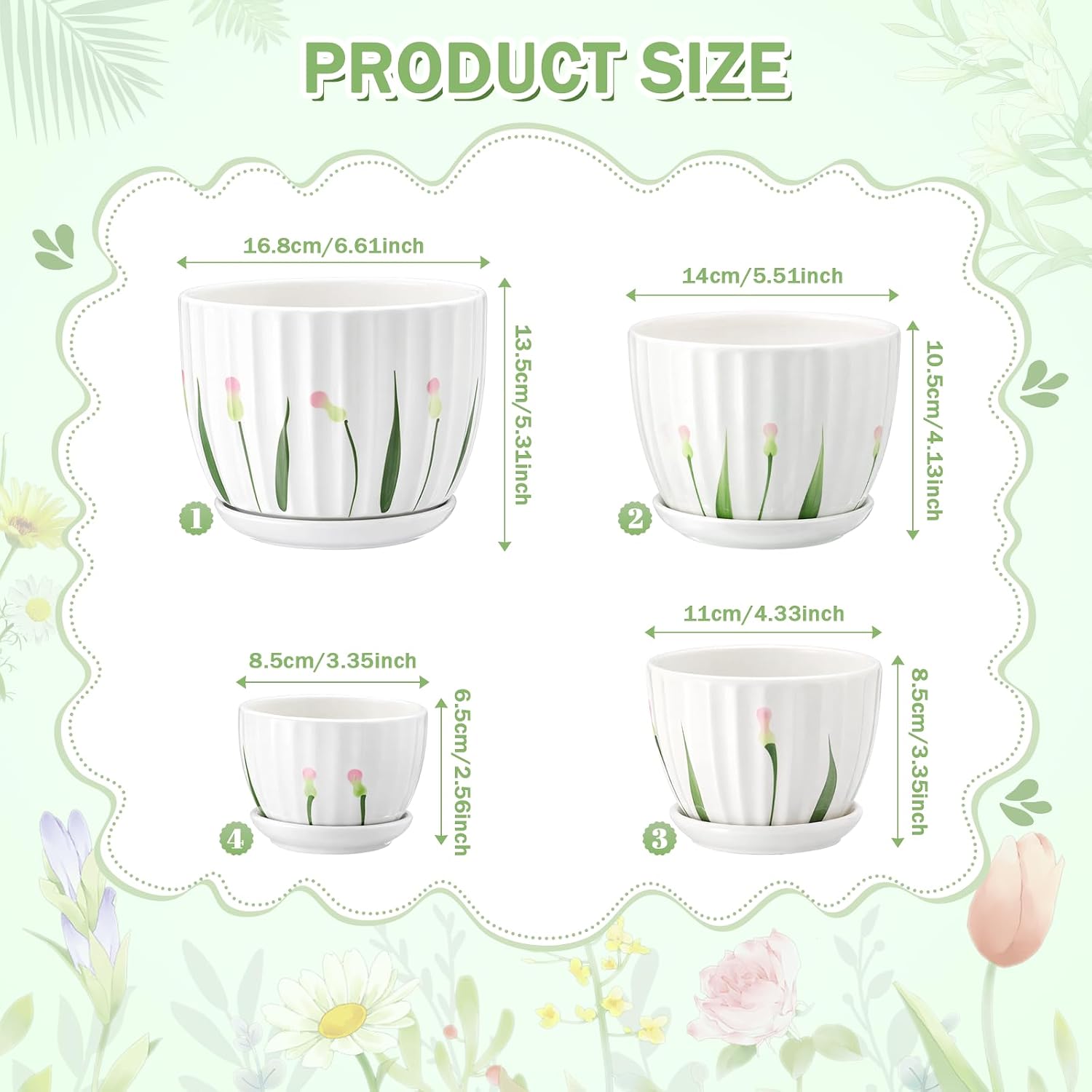 4 Pack Ceramic Orchid Pots with Drainage Holes and Tray 3.35+4.33+5.51+6.61 Inch Ceramic Plant Pot White Garden Planter