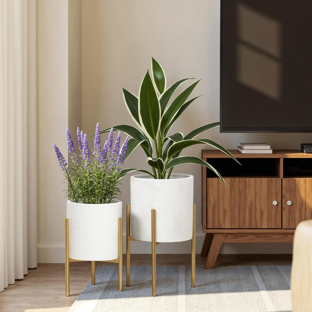 LuxenHome Indoor Planters, Set of 2 White Planter with Gold Metal Stand | Planters for Indoor Plant, Indoor Plant Pots