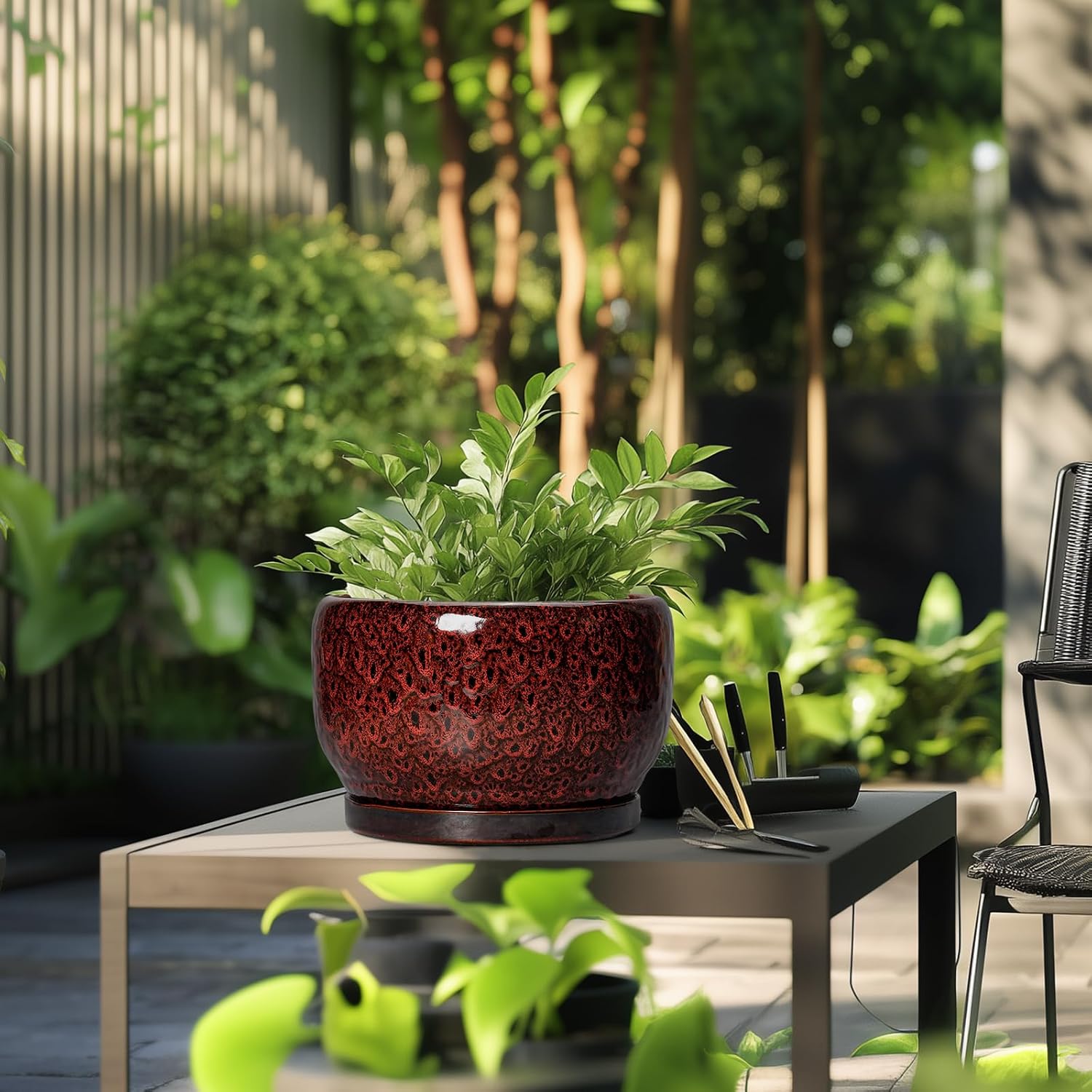 SQOWL Ceramic Flower Pots - 10 Inch Plant Pot Indoor, Ceramic Planter with Drainage Hole and Saucer, Round Decorative