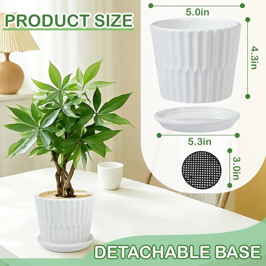 sietpoek 5.5” Ceramic Plant Pots with Drainage and Saucer 4PCs White | White Ceramic Flower Pots with Drainage Hole and