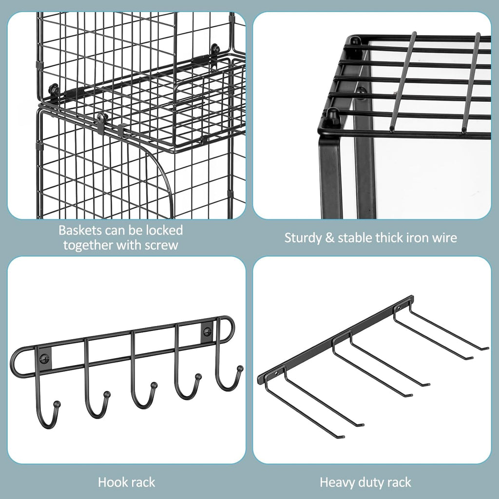ThreeHio Garage Shelf Wall Mounted with Wire Baskets, Heavy Duty Garage Wall Shelving with Garden Tool Rack and Hooks