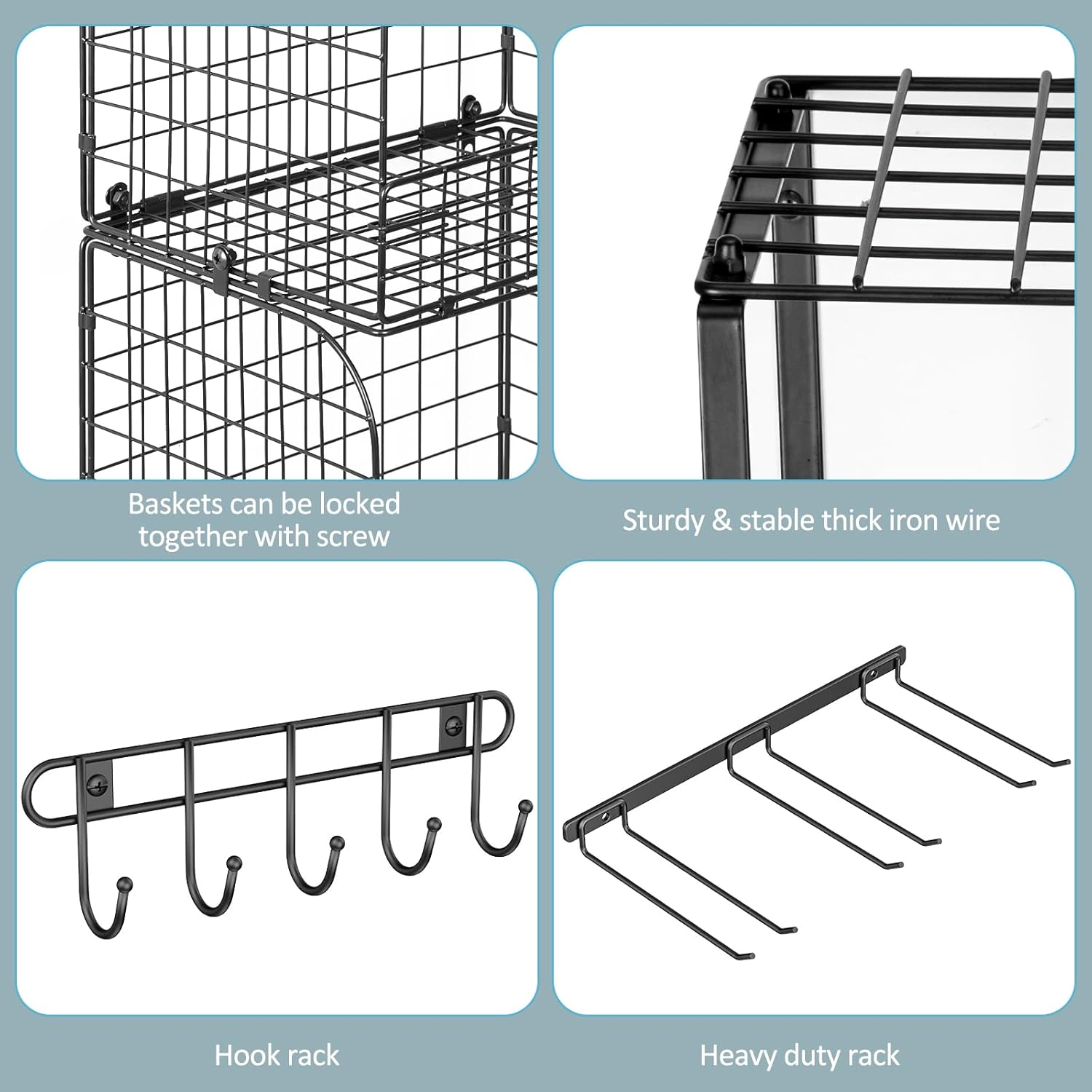 ThreeHio Garage Shelf Wall Mounted with Wire Baskets, Heavy Duty Garage Wall Shelving with Garden Tool Rack and Hooks