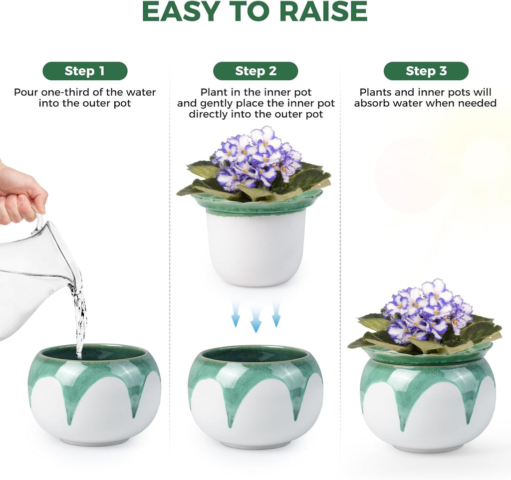 BUYMAX Self Watering Ceramic African Violet Pot Keep The Soil Moist | Reactive Glaze Color Variations | Scalloped Rim