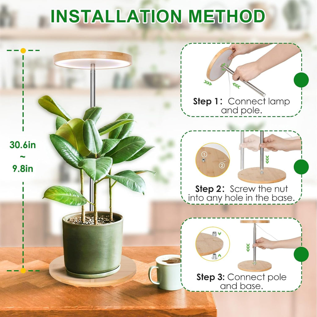 LORDEM Grow Lights for Indoor Plants with Base, Bamboo Design, Timer | 72 LEDs Full Spectrum Plant Lights, 4 Brightness