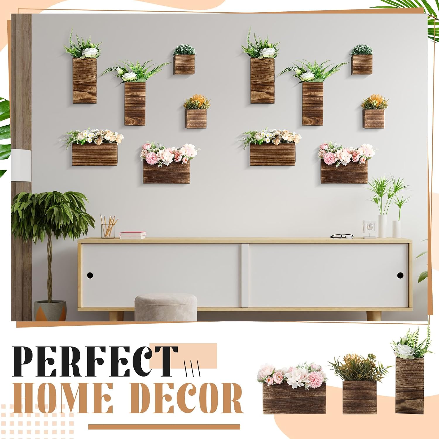 6 Pack Rustic Wood Wall Planters Hanging Wall Planters Pocket Vases Hanging Decor Vase for Plants Dried Flowers Faux