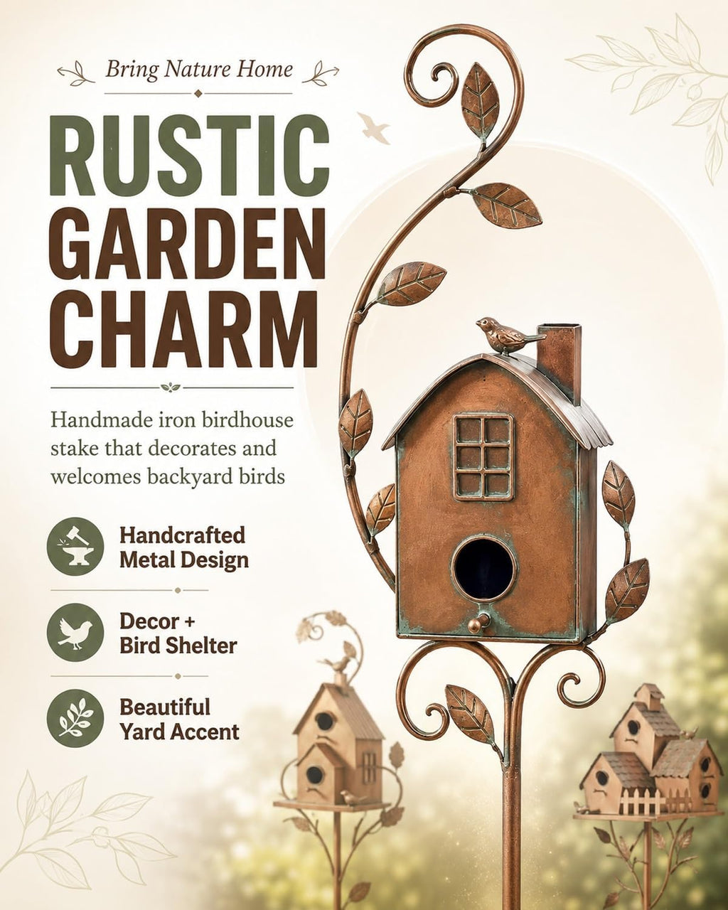 Handmade Iron Birdhouse Metal Garden Stake Bird House with Pole Stand | Rustic Outdoor Decorative Nesting Box for Yard