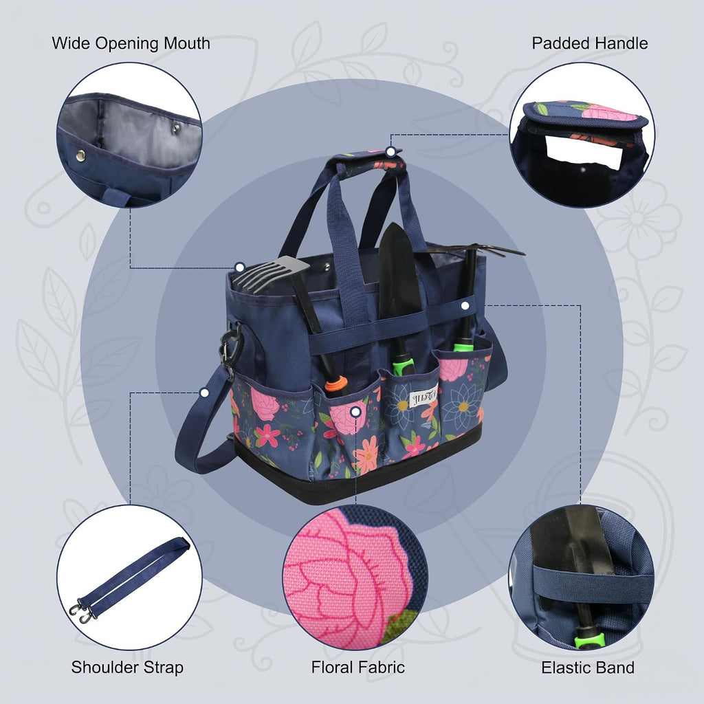 Hard Bottom Floral Garden Tool Tote Bag with Shoulder Strap | Gardening Tote Organizer with 8 pockets, Padded Handles