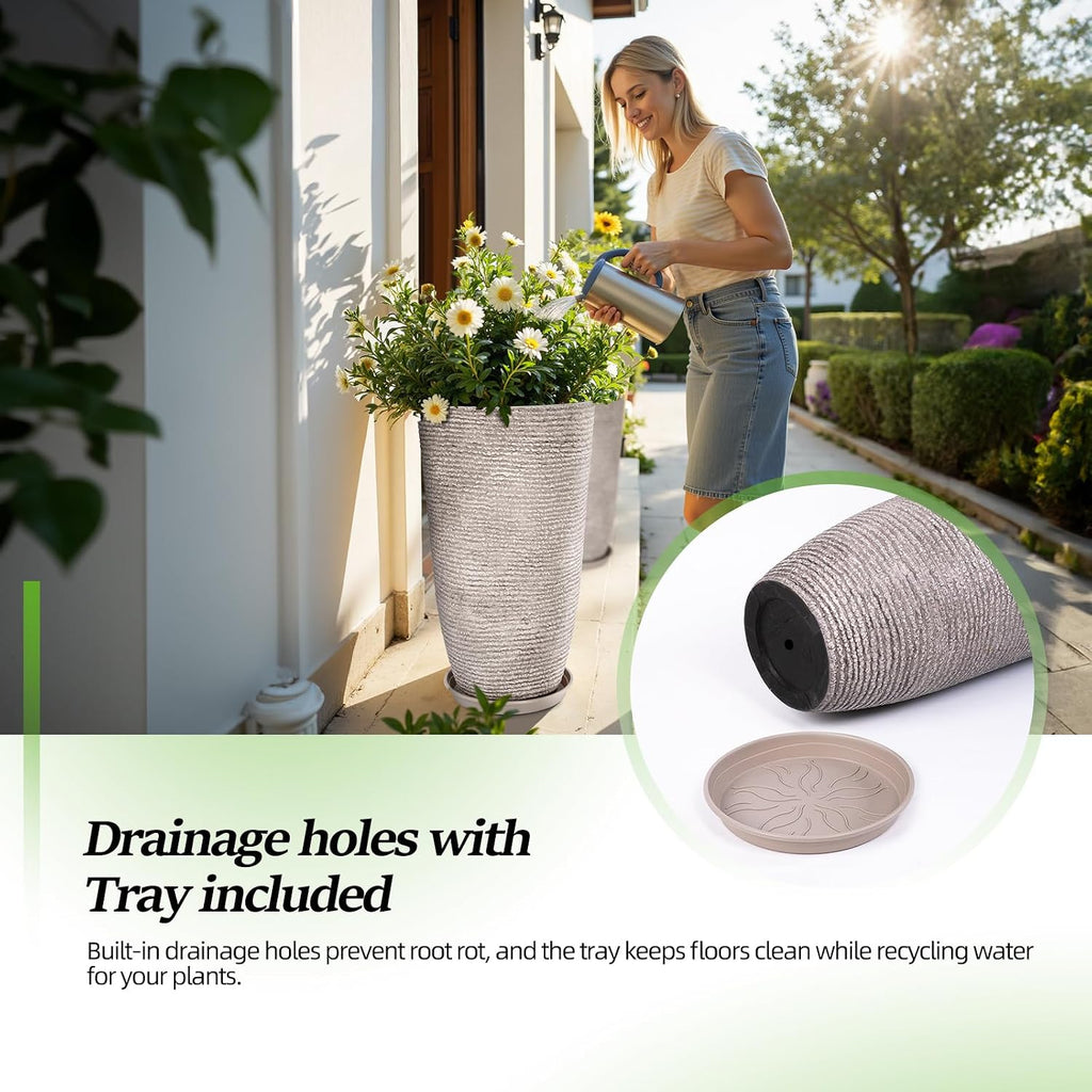 QCQHDU Set of 2 Oversized 9 Gallon Round Planters for Front Door & Patio - 12x21 Inch Tall Outdoor/Indoor Plant Pots