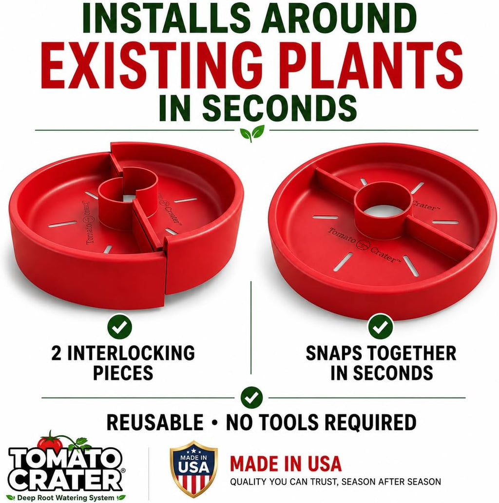 Tomato Crater® Root-Zone Watering Ring for Tomatoes & Vegetables | Made in USA Snap-Together Base | Reduces Runoff