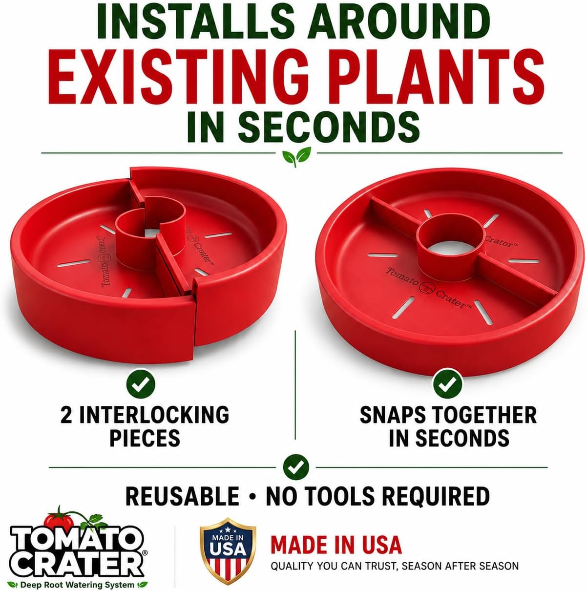 Tomato Crater® Root-Zone Watering Ring for Tomatoes & Vegetables | Made in USA Snap-Together Base | Reduces Runoff