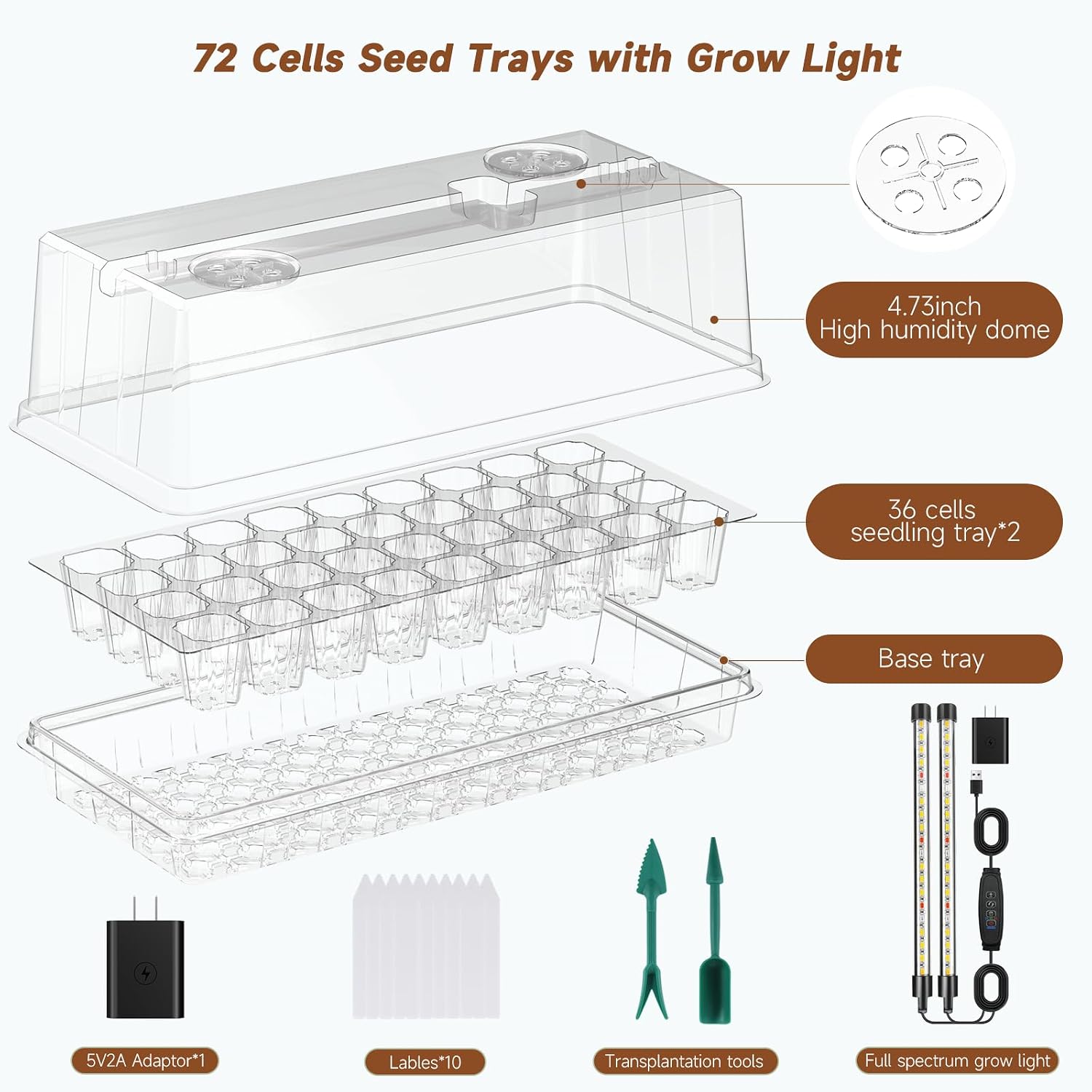 72 Cells Seed Starter Tray with Grow Light, Seed Starter Kit Full Spectrum with 5 Dimmable Brightness & Timer, Indoor