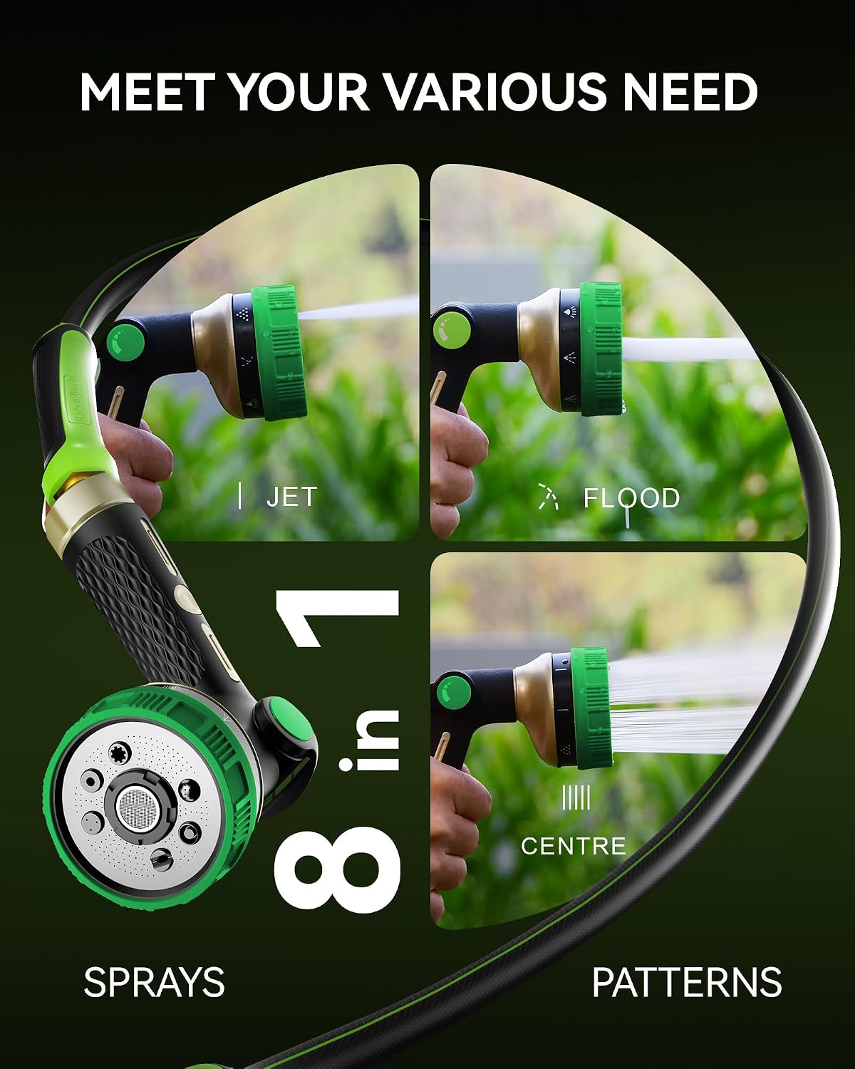 RAINPOINT Hose Sprayer Nozzle Heavy Duty - 8 Spray Patterns Garden Hose Nozzle with Adjustable Flow Control for