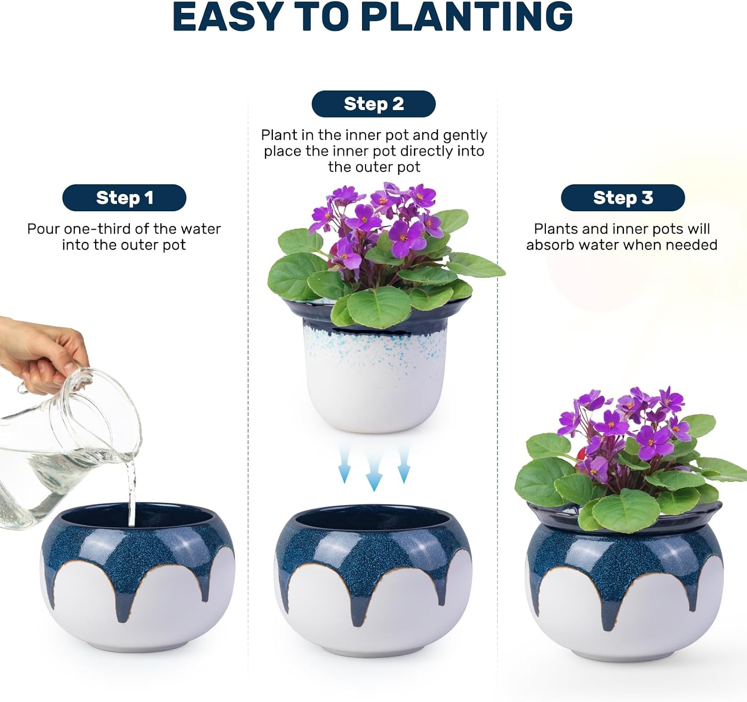 African Violet Pots, 6 Inch Self Watering Pots for Indoor Plants, Easy Plant Self Watering Planter, Ceramic Plant Pot