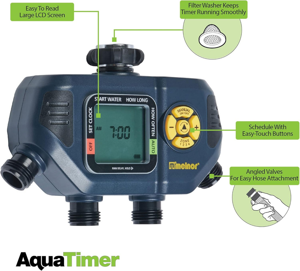 Melnor AquaTimer™ 4-Zone Programmable Digital Timer: Independent Zones | 65140AMZ | Programmable Water Timer | Hourly