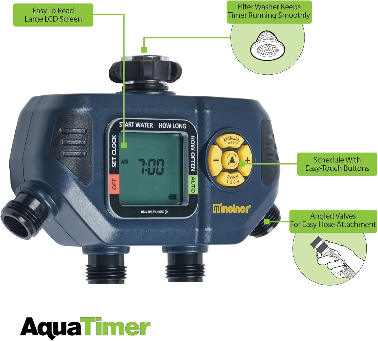 Melnor AquaTimer™ 4-Zone Programmable Digital Timer: Independent Zones | 65140AMZ | Programmable Water Timer | Hourly