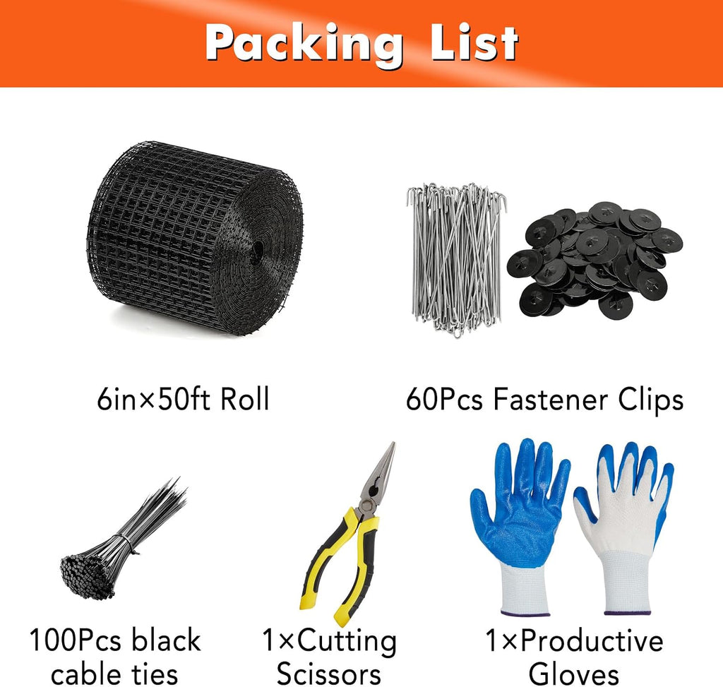 6in x 50ft Solar Panel Bird Guard & Critter Guard Mesh Kit, PVC Coated Wire Mesh Bird Wire with 60 Clips, 100 Cable