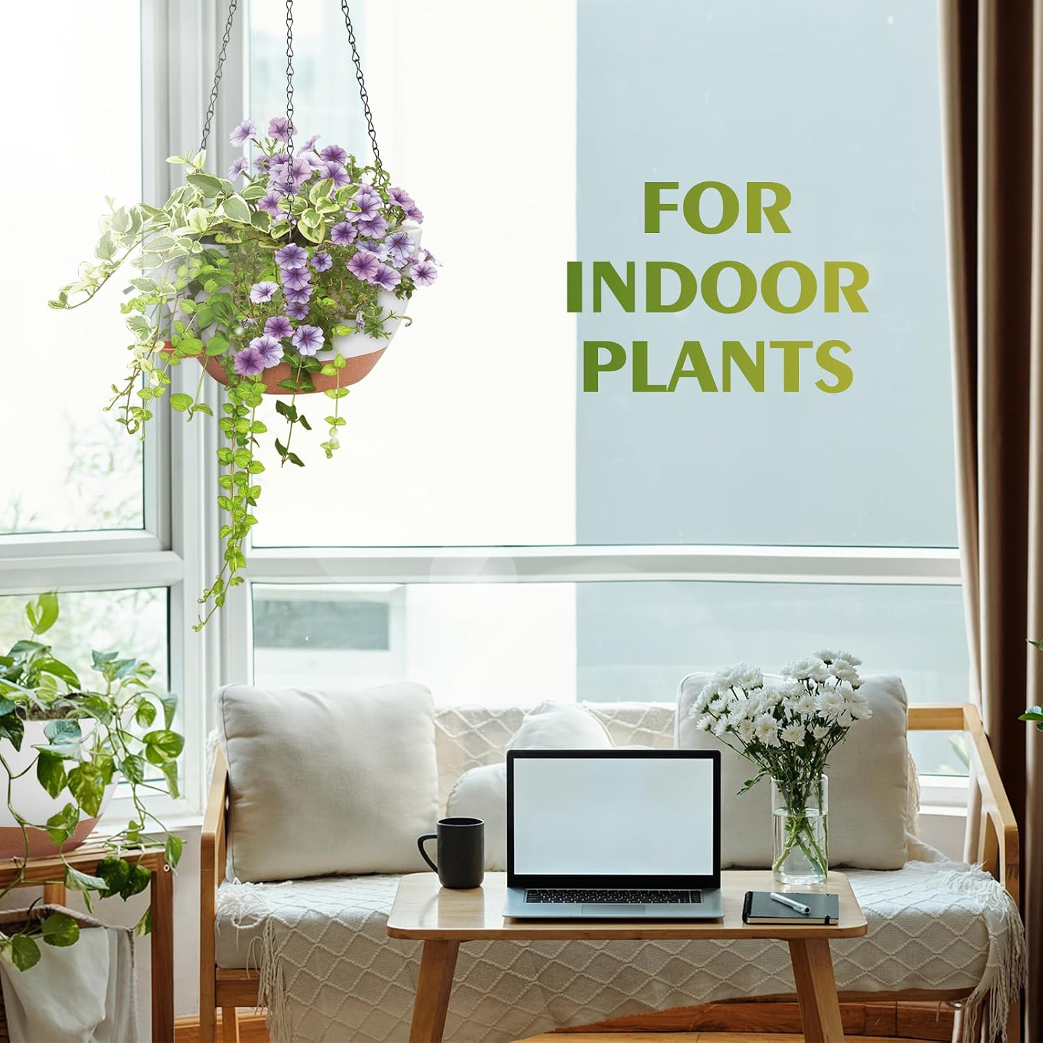 Hanging Planters, Self Watering, White 10 Inch 2 Pack with Drainage | Indoor Outdoor Use, Removable Drainage Tray