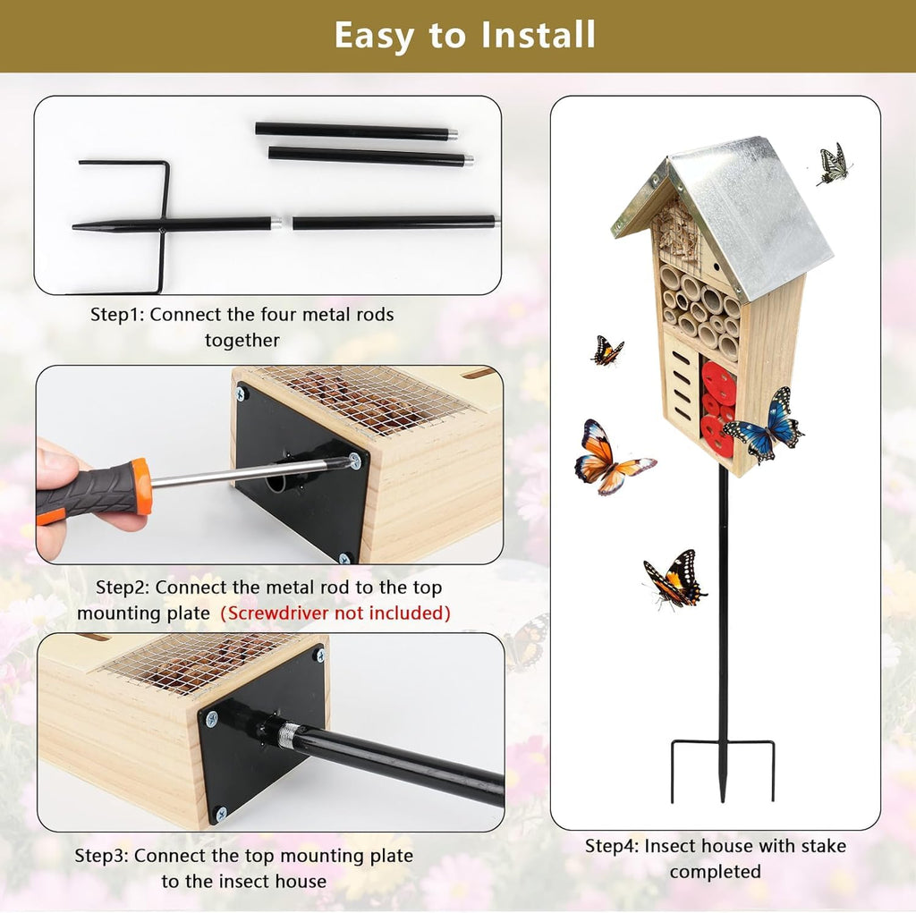 Natural Wooden Insect Hotel, Bee House with Metal Stake for Garden | Bee House, For Ladybugs, For Lacewings, For