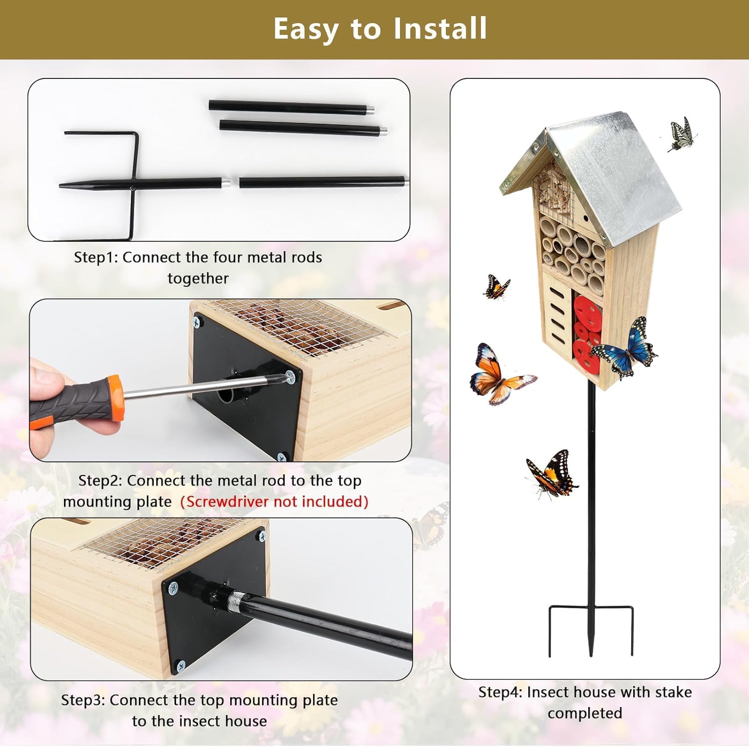 Natural Wooden Insect Hotel, Bee House with Metal Stake for Garden | Bee House, For Ladybugs, For Lacewings, For