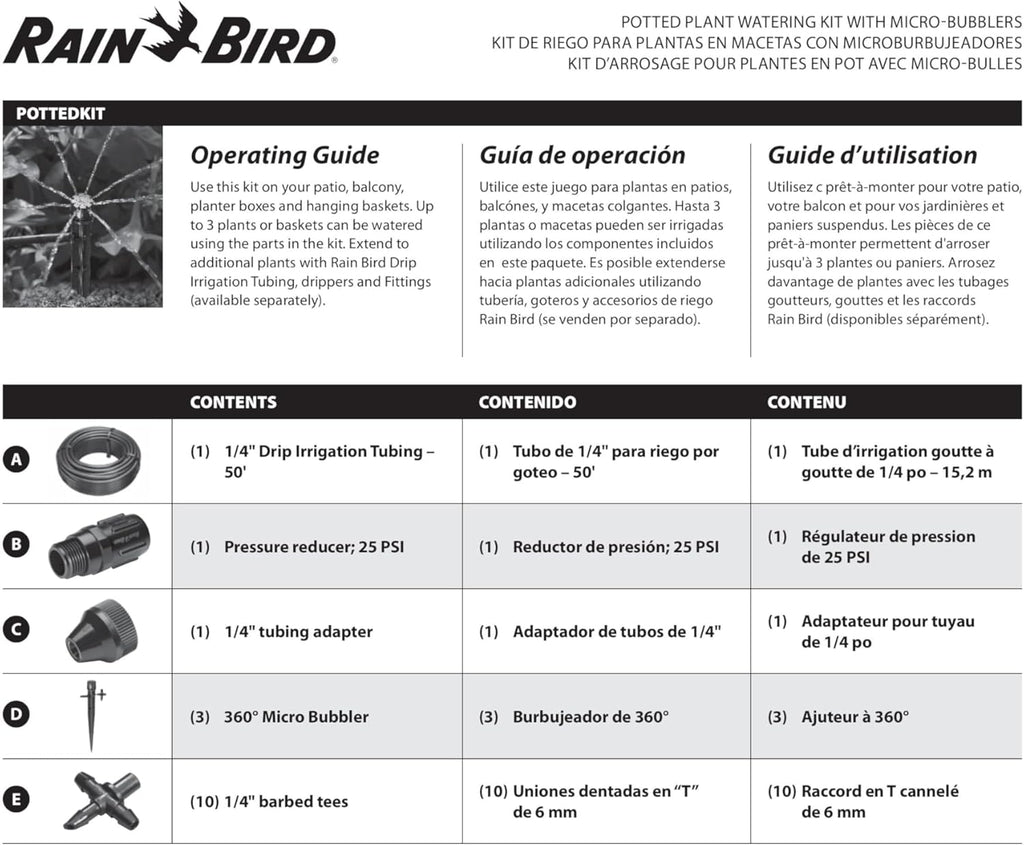 Rain Bird POTTEDKIT Drip Irrigation Kit, Full Circle, 1/4"