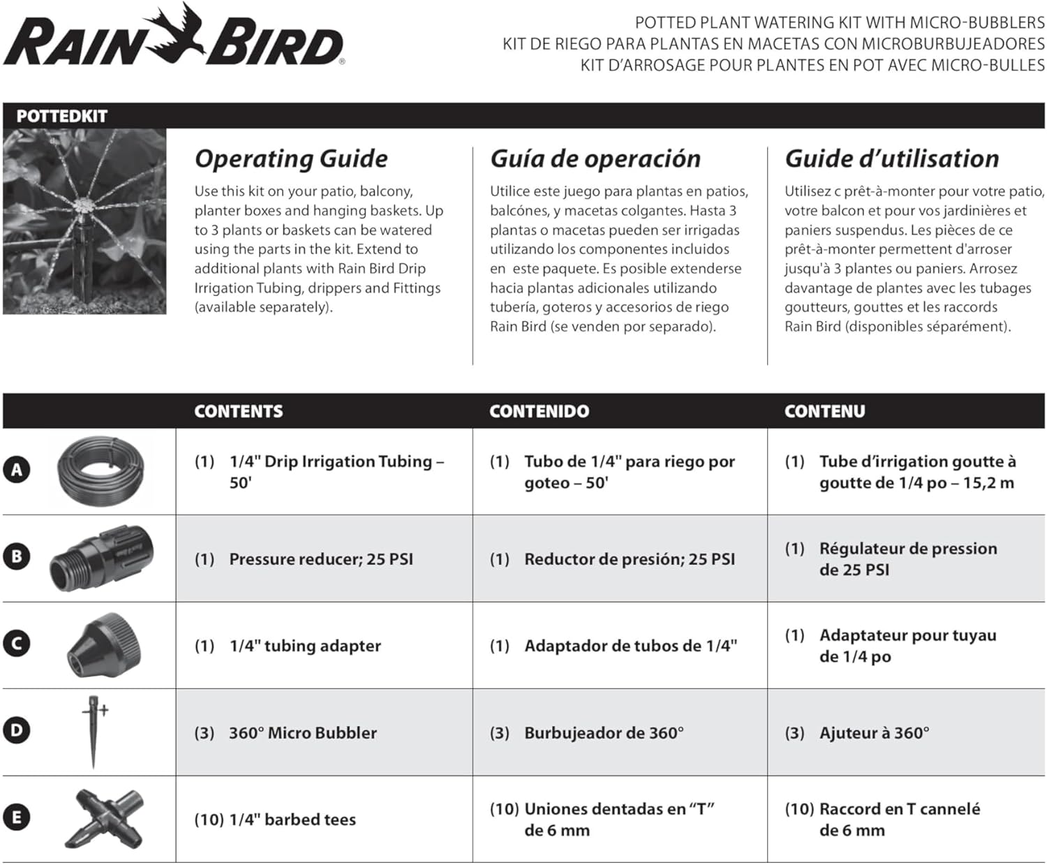Rain Bird POTTEDKIT Drip Irrigation Kit, Full Circle, 1/4"