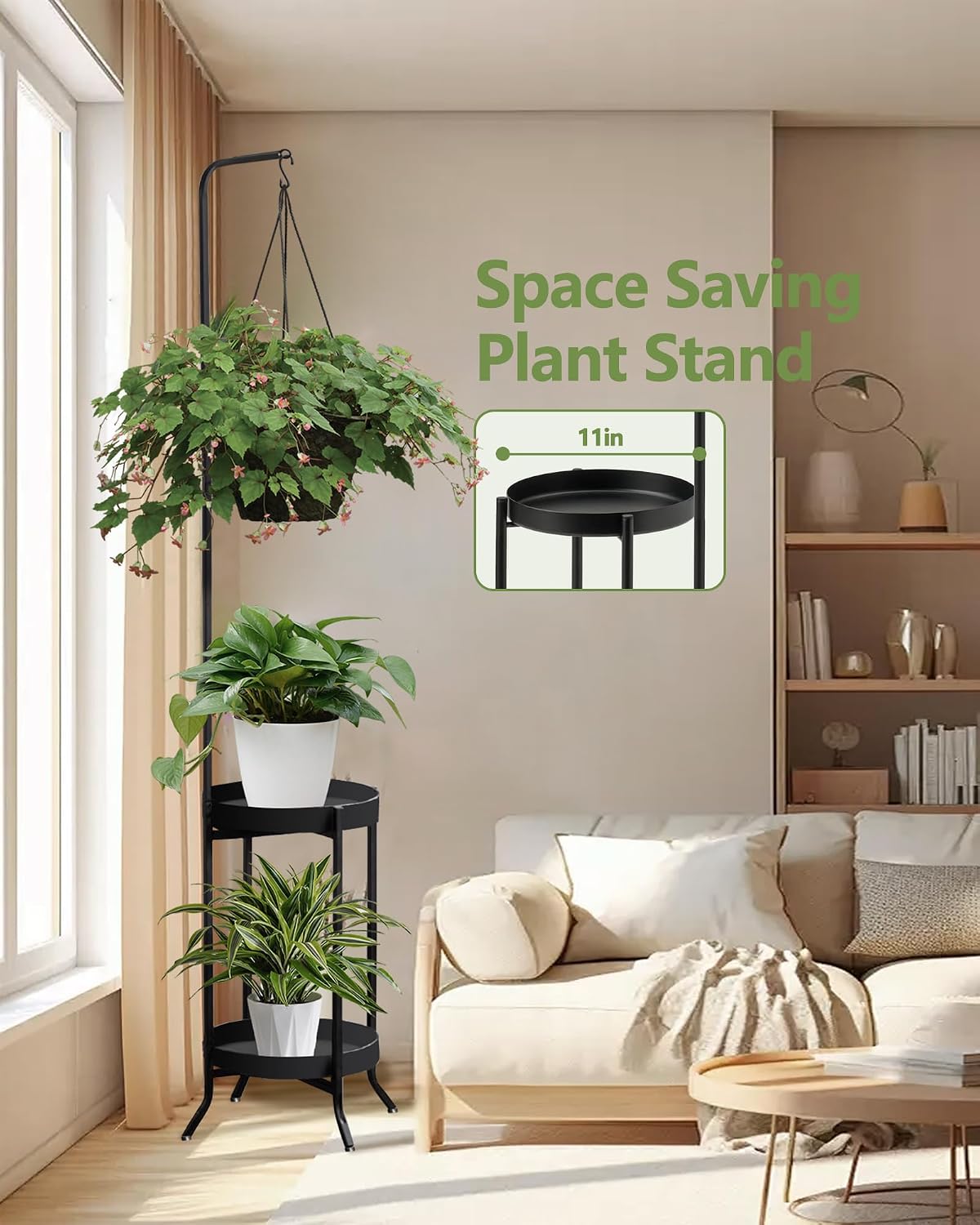 RINBOU Hanging Plant Stand Indoor Outdoor, Space-Saving Corner Metal Plant Shelf 3 Potted Flower Pot Stand, 2 Tier 61"