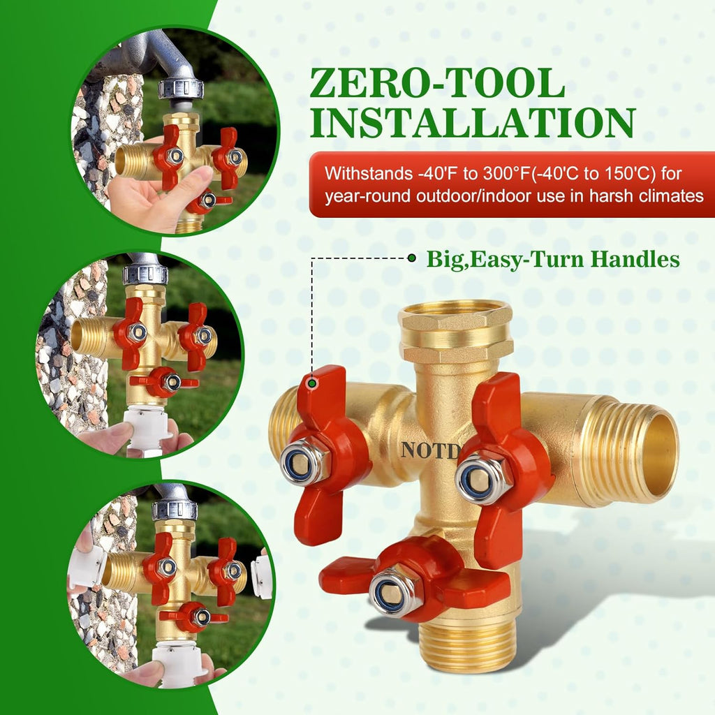 3 Way Hose Splitter, Solid Brass High Volume 3 Way Hose Splitter Valve with Metal Handle, Heavy Duty High Flow Spigot