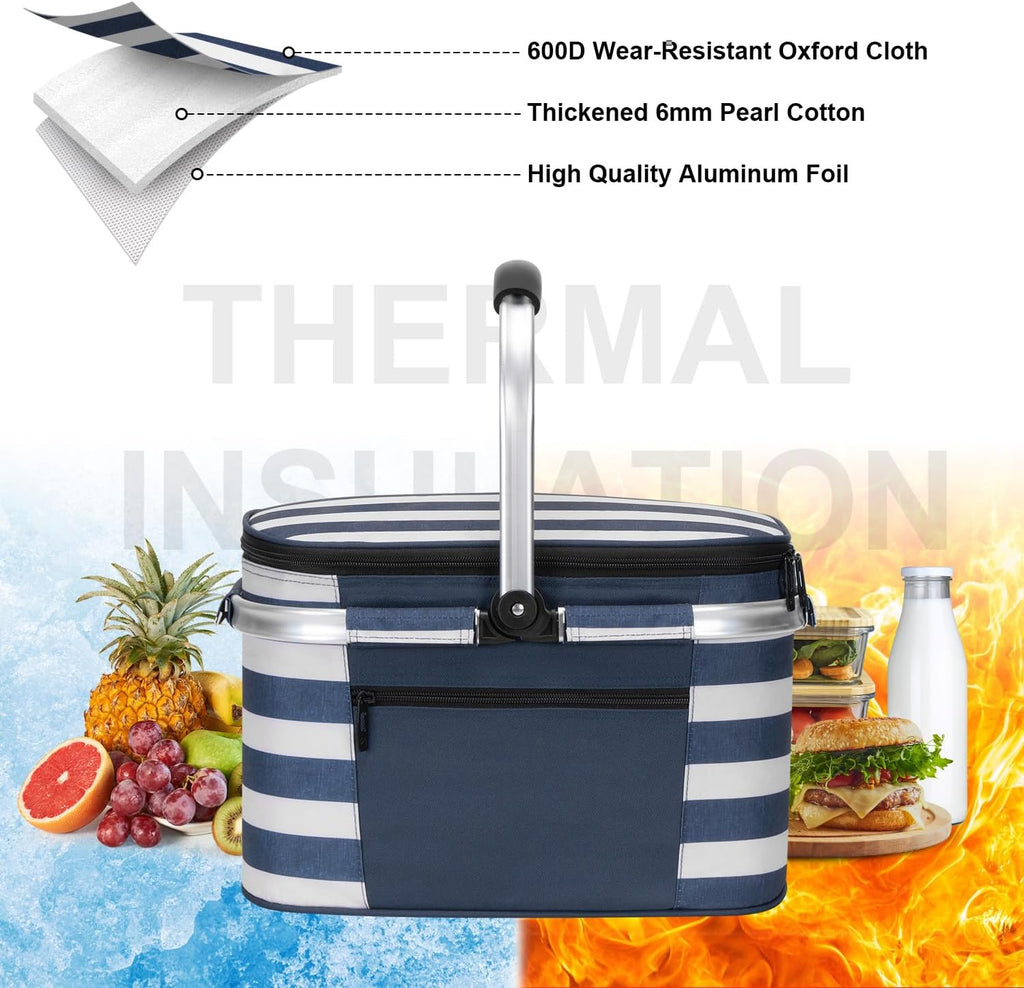 ALLCAMP Picnic Basket, 22L Insulated Cooler Foldable, Thick, Blue White | Tri-layer insulation, foldable flat, thick