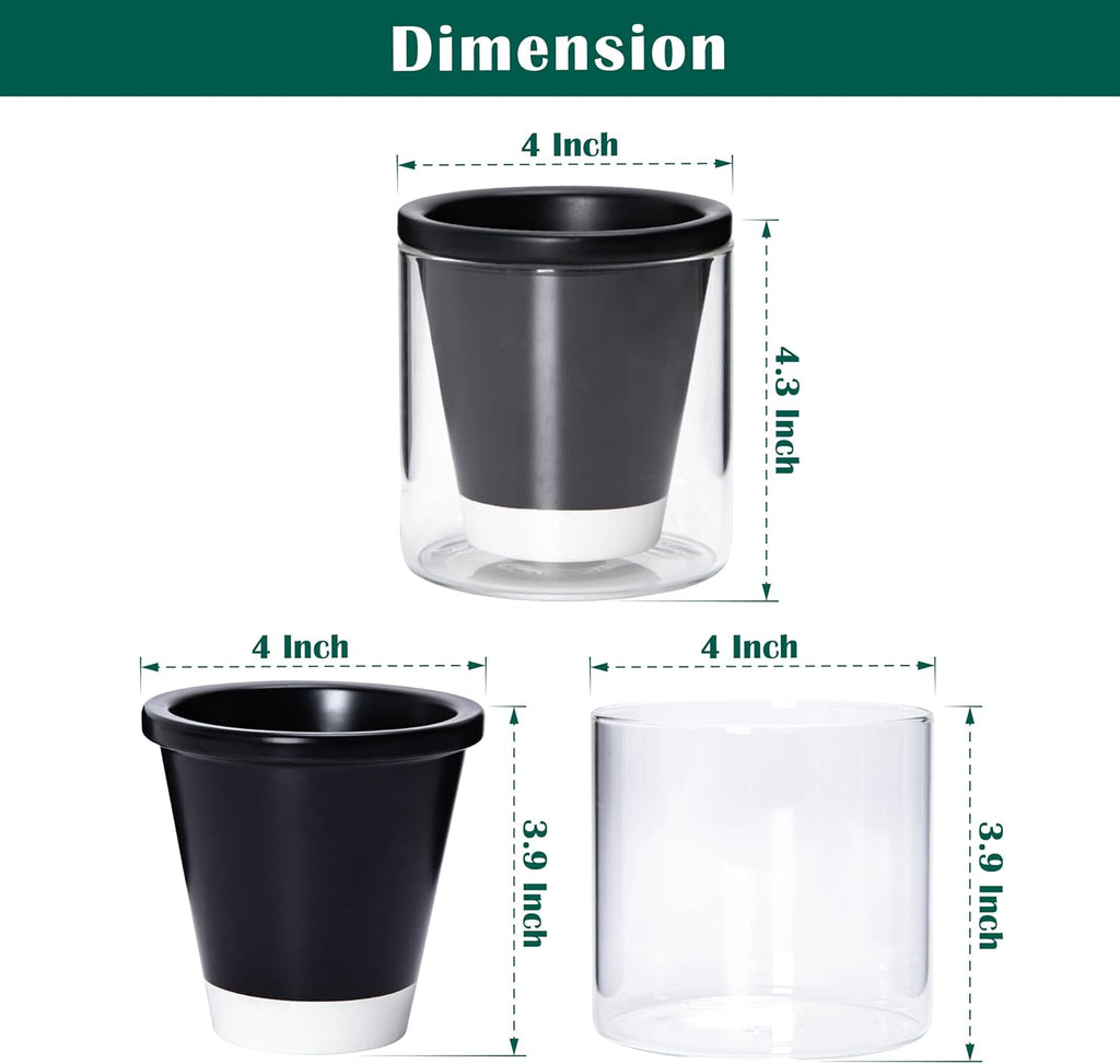 D'vine Dev Self-Watering Black Terracotta Planter, 4 in, 4-Pack, 37-Z-A-3-F | Terracotta & Glass Design, Clear Water