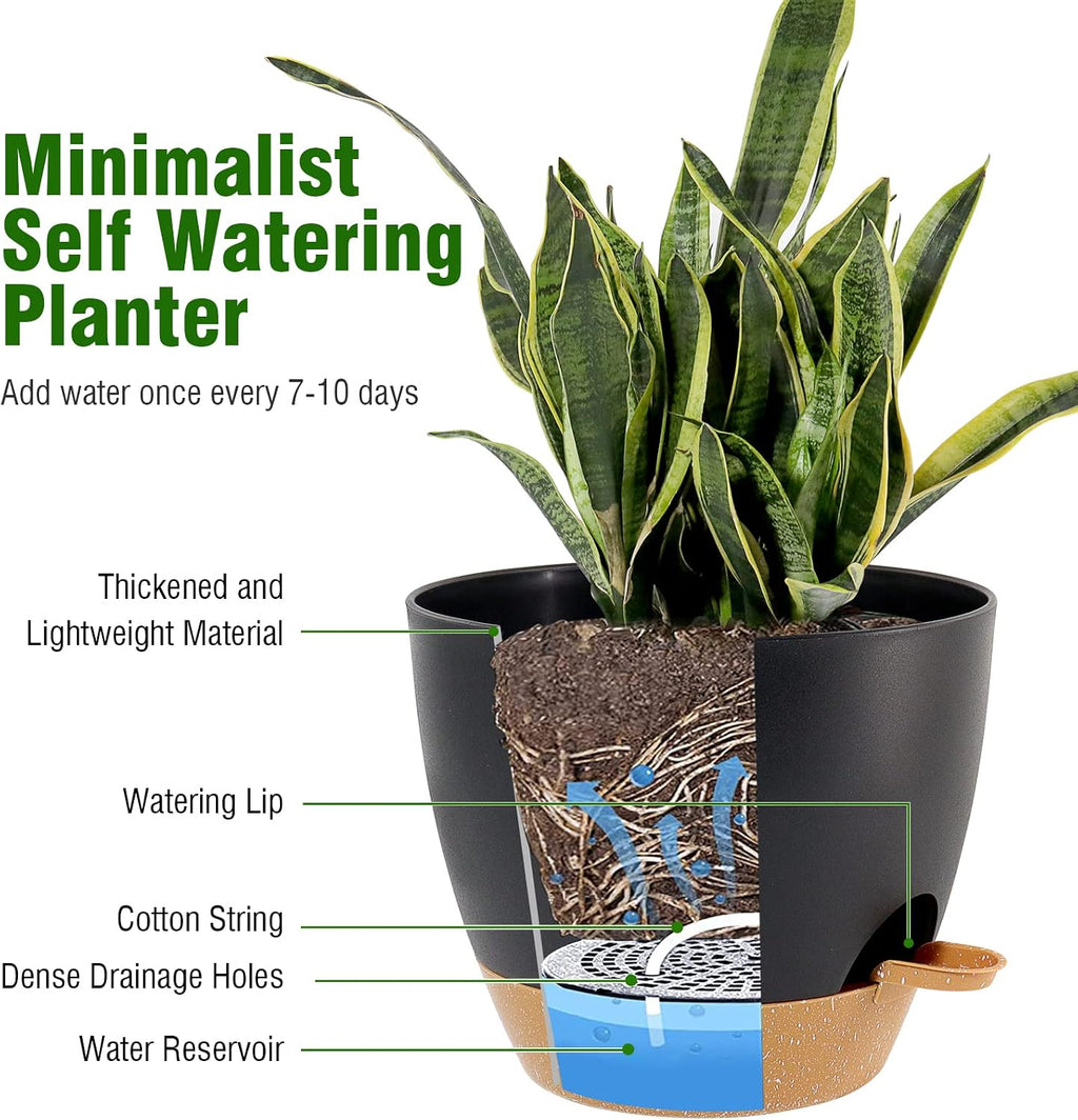 UOUZ Large Self Watering Pots, 12/10/9 Plastic Planters with High Drainage Holes and Deep Reservoir for Indoor Outdoor