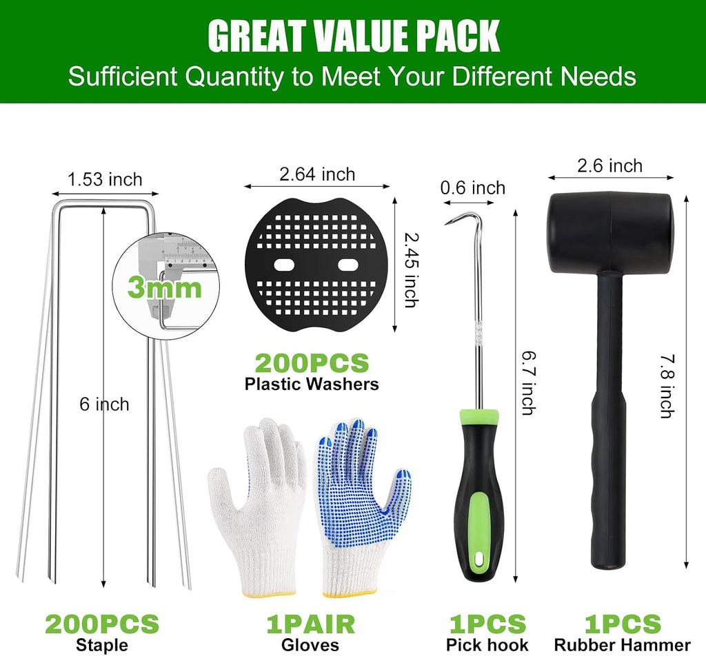 Turf Nails Set,6Inch 200pcs Galvanized Garden Staples + 200pcs Gaskets + Pick Hook + Rubber Hammer +