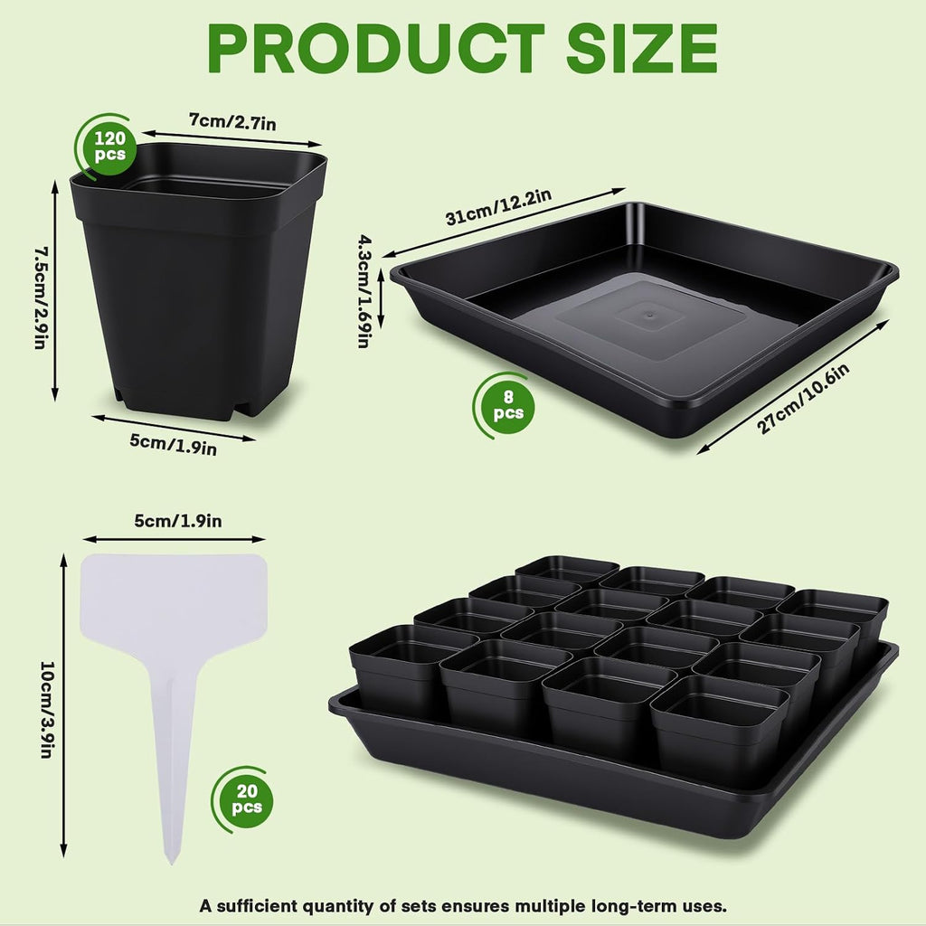 GREANER 8PCS 12 Inch Plant Trays for Pots, 120PCS 2.7 Inch Seed Starter Pots with Drain Holes, Sturdy Seedling pots for
