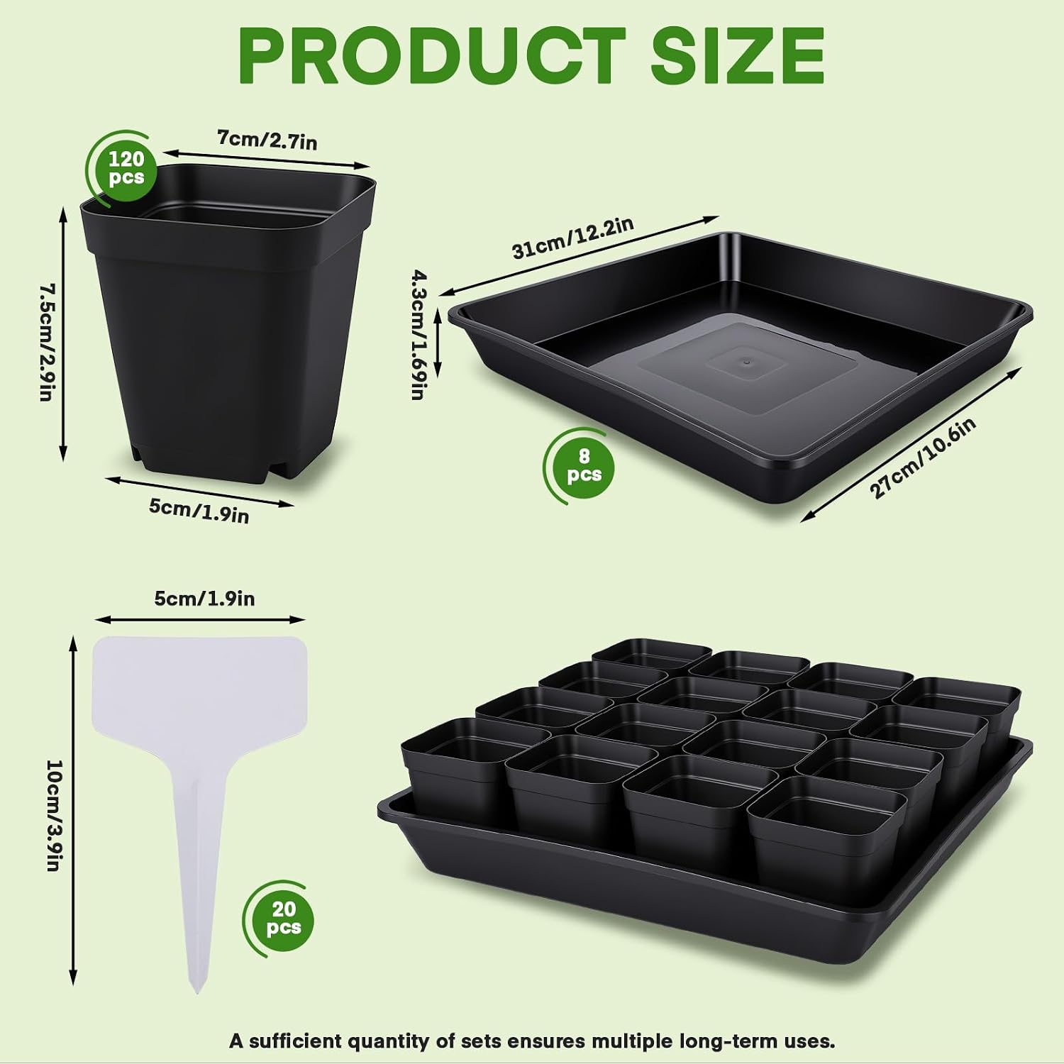 GREANER 8PCS 12 Inch Plant Trays for Pots, 120PCS 2.7 Inch Seed Starter Pots with Drain Holes, Sturdy Seedling pots for
