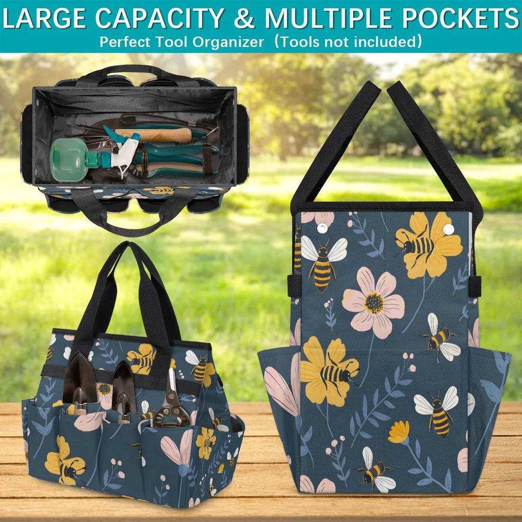 Garden Tote Bag with Pockets Bee Flower Gardening Bags for Tools Organizer Heavy Duty Storage Bag with Handle for Lawn