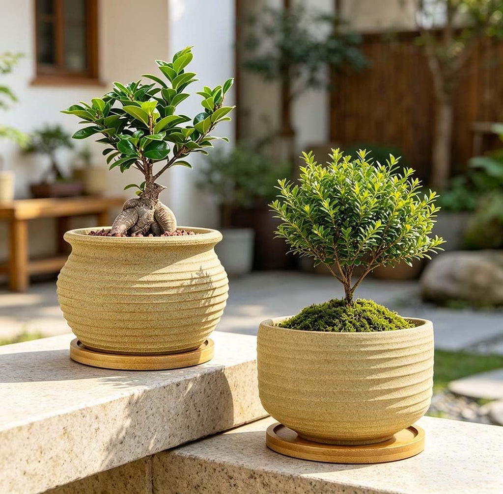 MUZHI Rustic 4 inch Bonsai Plant Pot with Bamboo Tray Set of 4, Unglazed Ceramic Succulent Cactus Pot Indoor Outerdoor