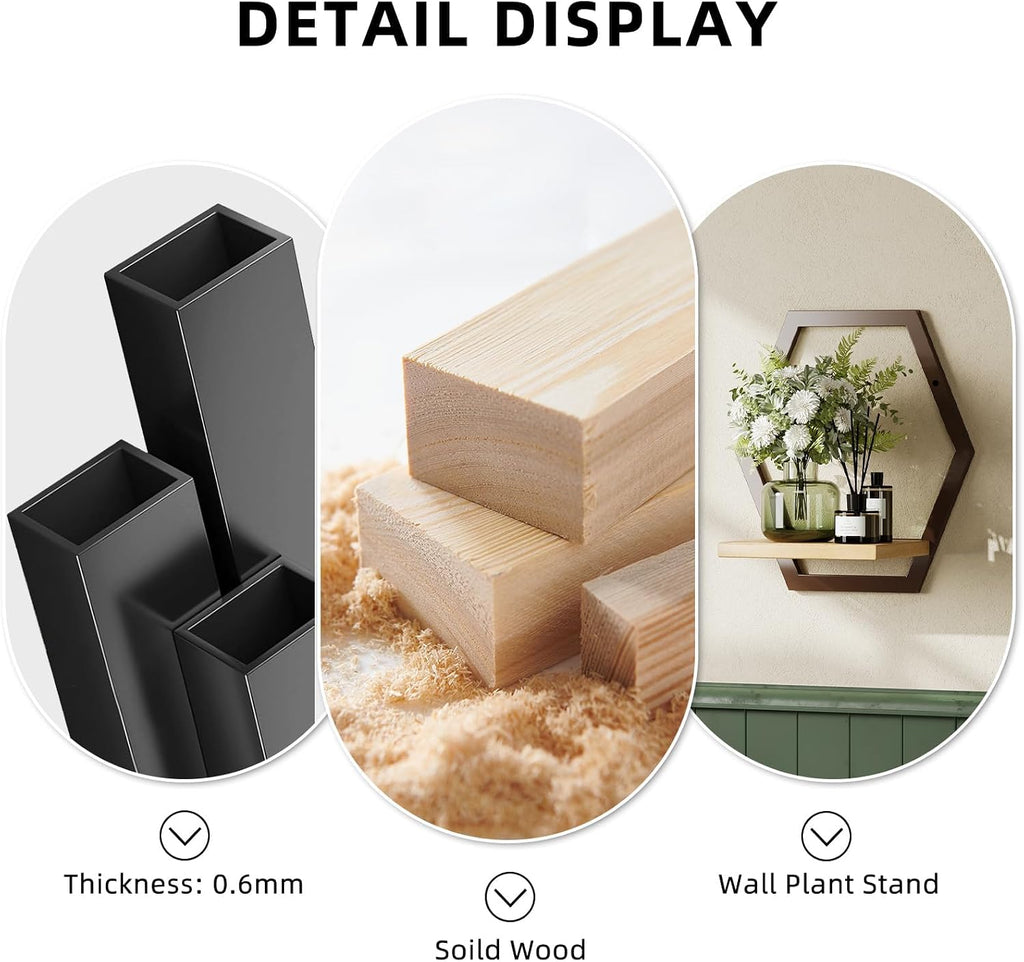 3 Pack Hexagon Wall Plant Stands, 9 Inch Wood Shelf, Coffee | Soild Wood,Metal Framework,Wall Plant Stand,Natural Wood