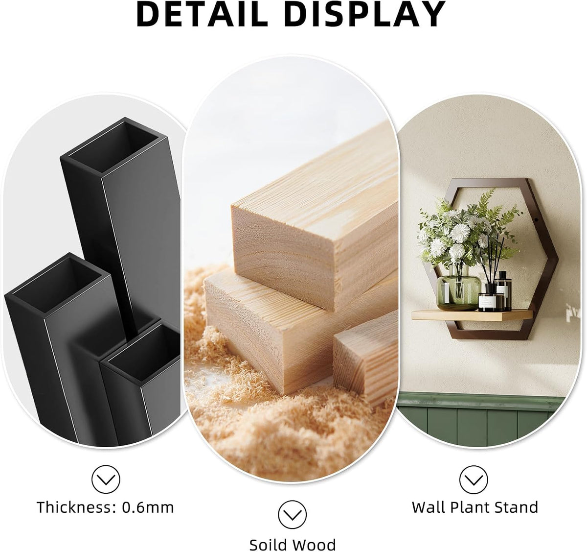 3 Pack Hexagon Wall Plant Stands, 9 Inch Wood Shelf, Coffee | Soild Wood,Metal Framework,Wall Plant Stand,Natural Wood