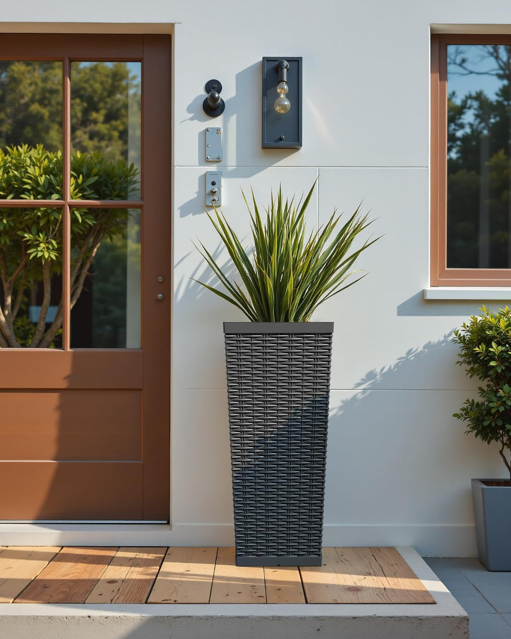 Greesum 24 Inch Tall Plastic Planters with Rattan Texture – Set of 2, Black | Detachable Inner Pot & Drainage Holes