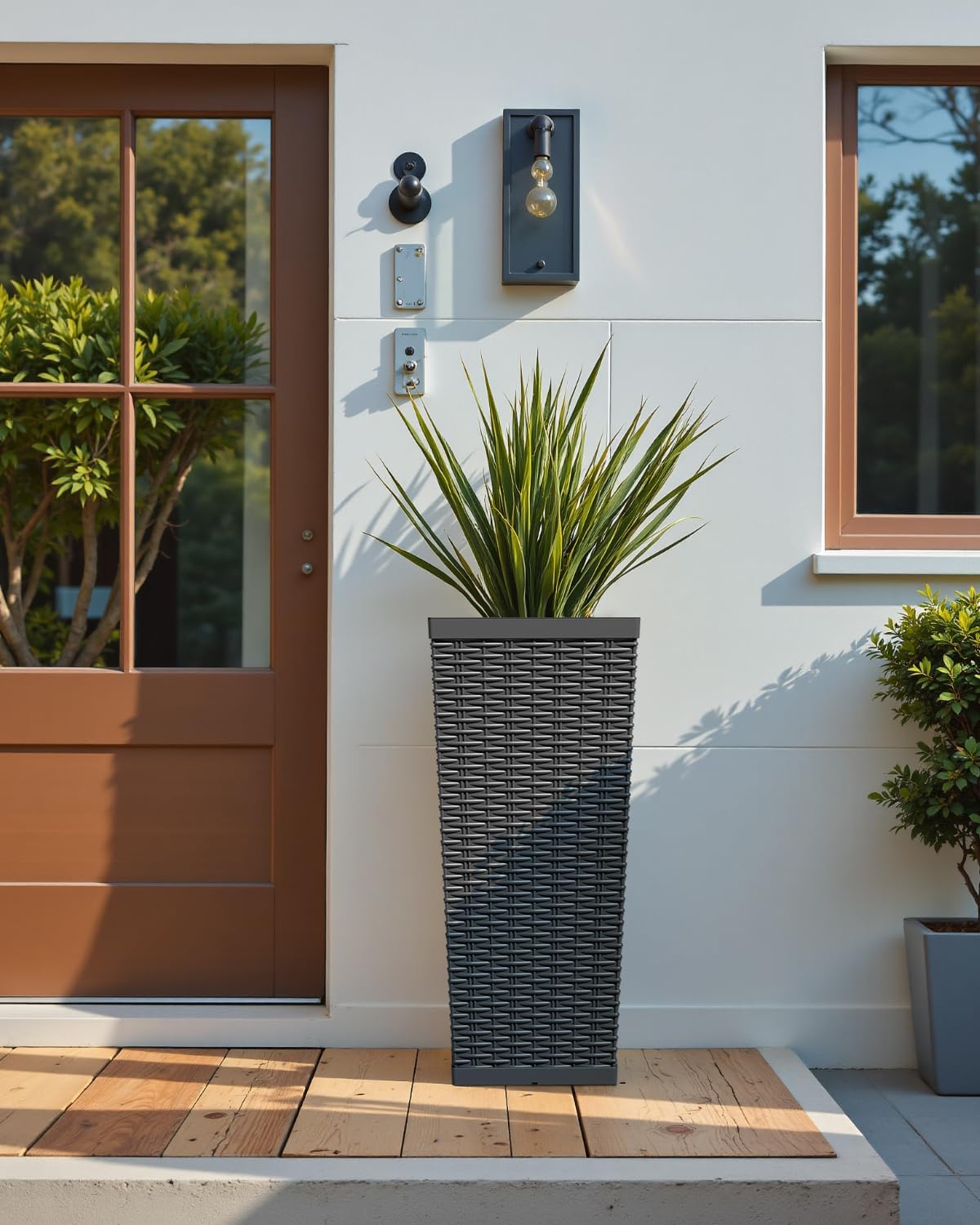 Greesum 24 Inch Tall Plastic Planters with Rattan Texture – Set of 2, Black | Detachable Inner Pot & Drainage Holes