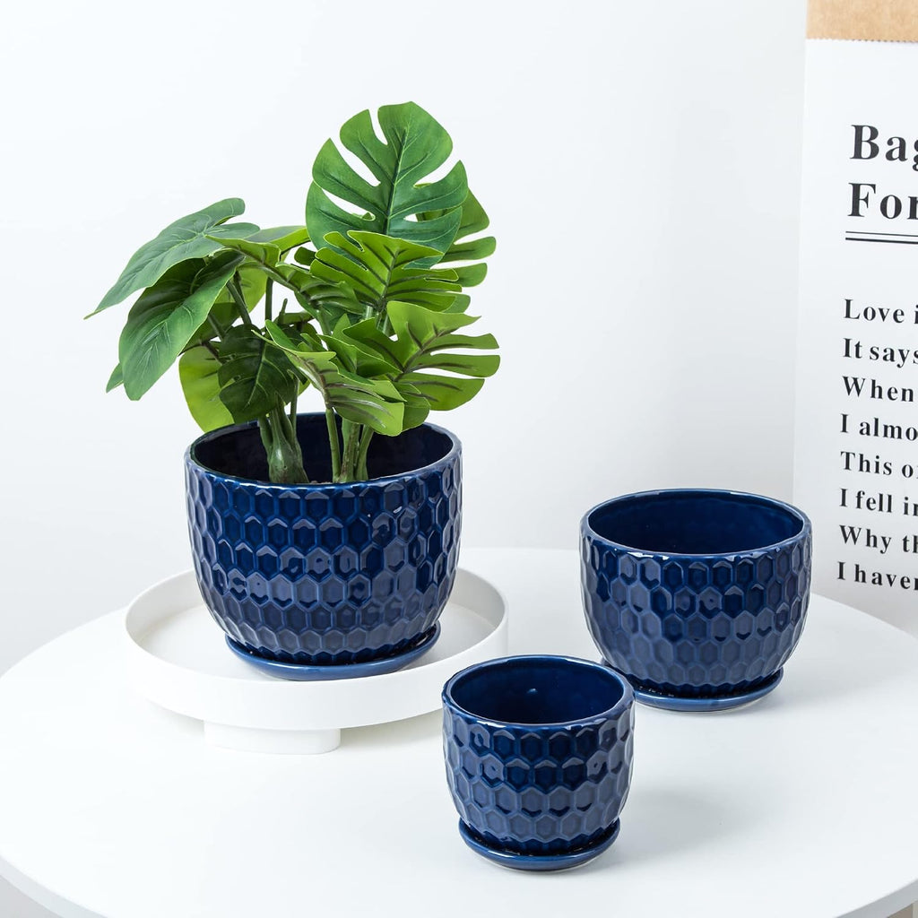 Ceramic Flower Pots with Drainage Hole and Saucer, North European Style Round Indoor Succulent Planters with Honeycomb