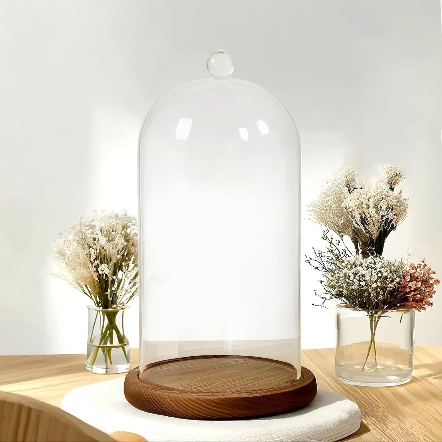 Glass Cloche Dome, 5 x 10 Inch | Glass Bell Jar with Wood Base, Clear Display Case for Flower, Plant,Fairy Lights