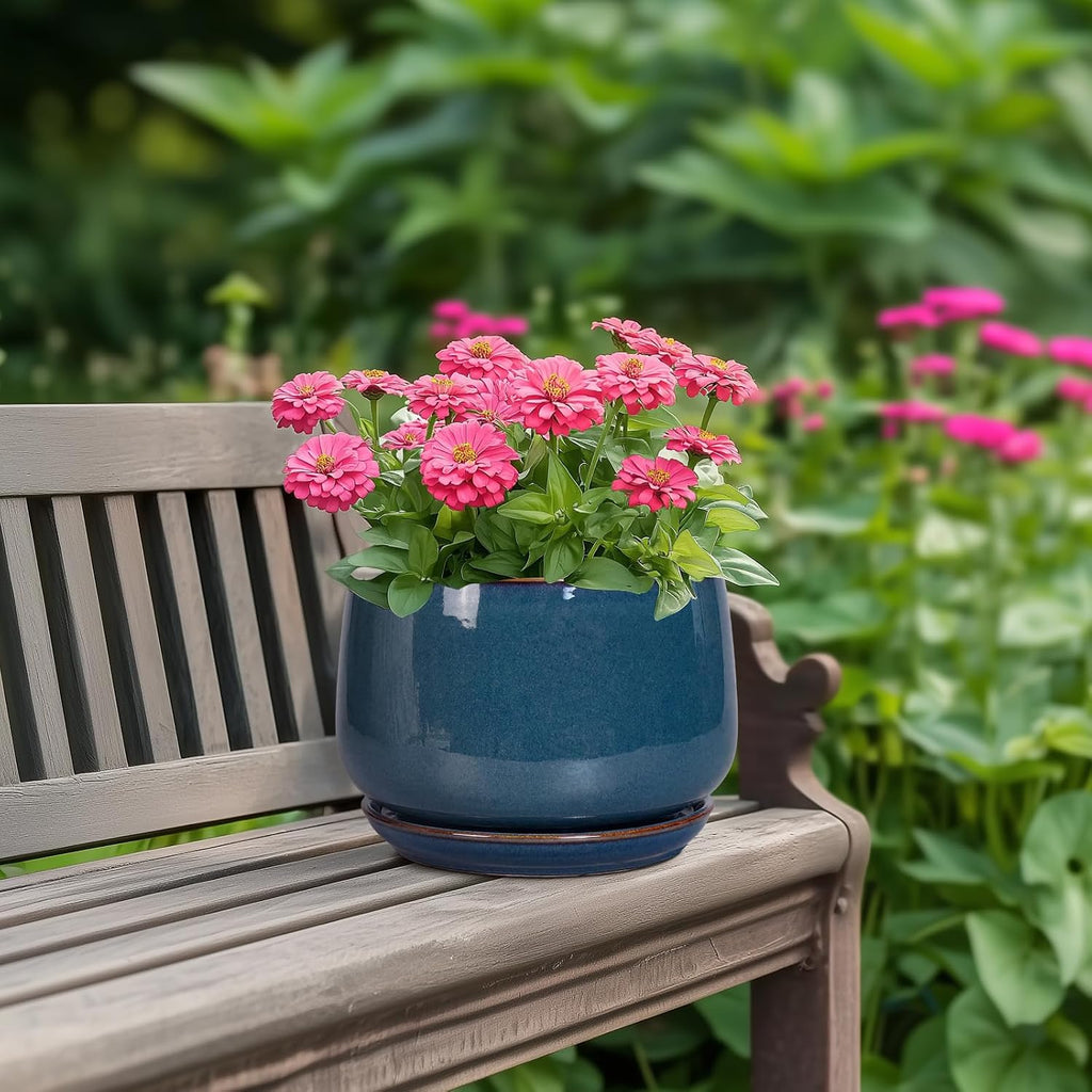 G EPGardening Ceramic Pot for Plants - Modern 7 Inch Round Planter with Drainage and Tray Indoor Outdoor for Flower