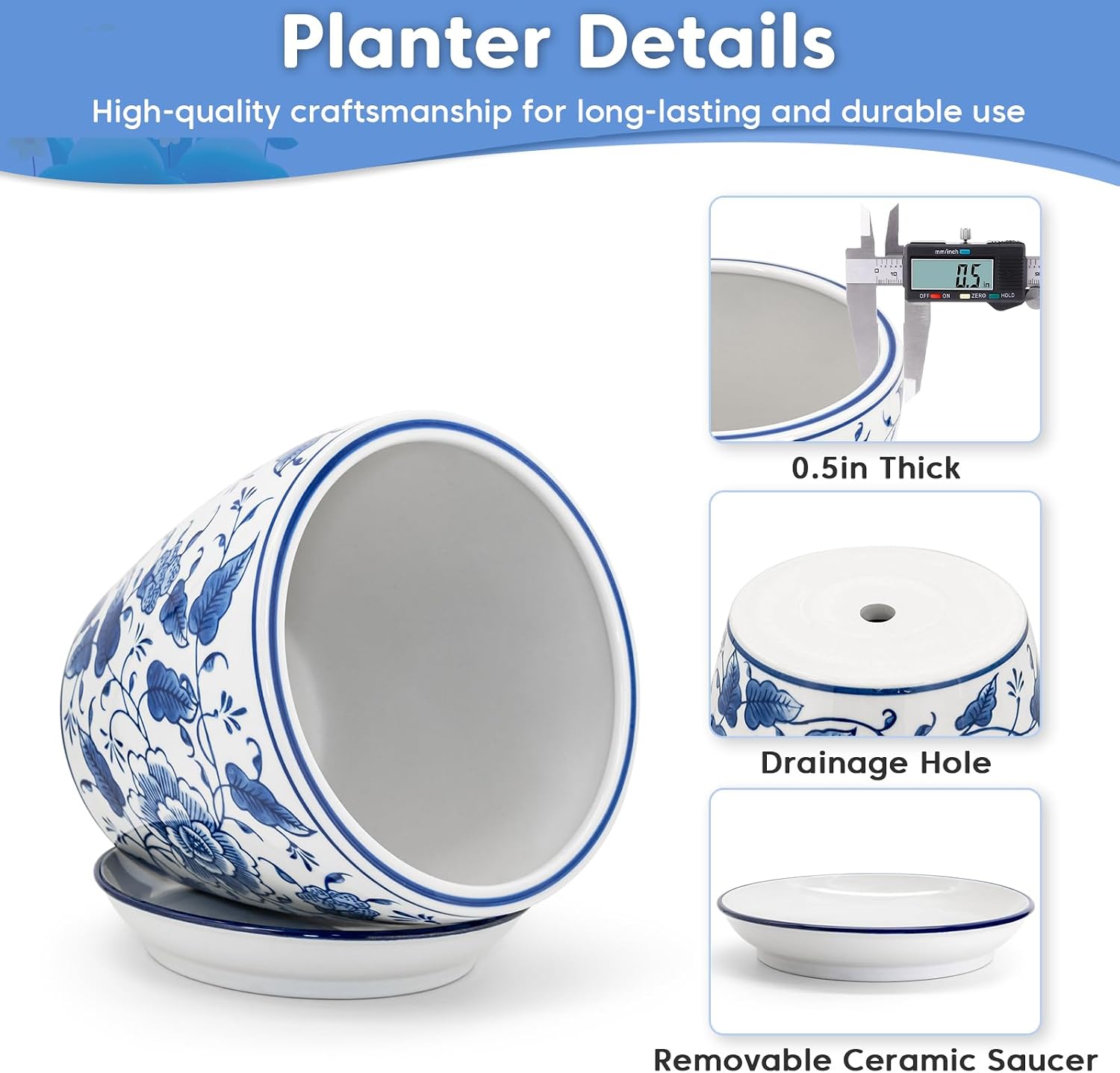 HakkaGirl 8 inch Ceramic Planters for Indoor Plants, Chinoiserie Decor Ceramic Pots for Plants Flower Plant Pots Indoor
