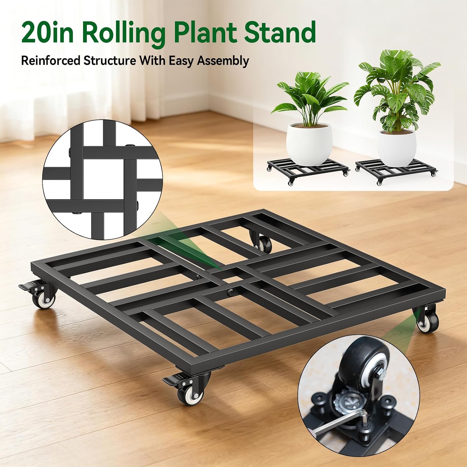 20" Plant Caddy with Wheels, Rolling Metal Plant Stand Holds up to 600 lbs, Square Plant Dolly with Lockable Caster