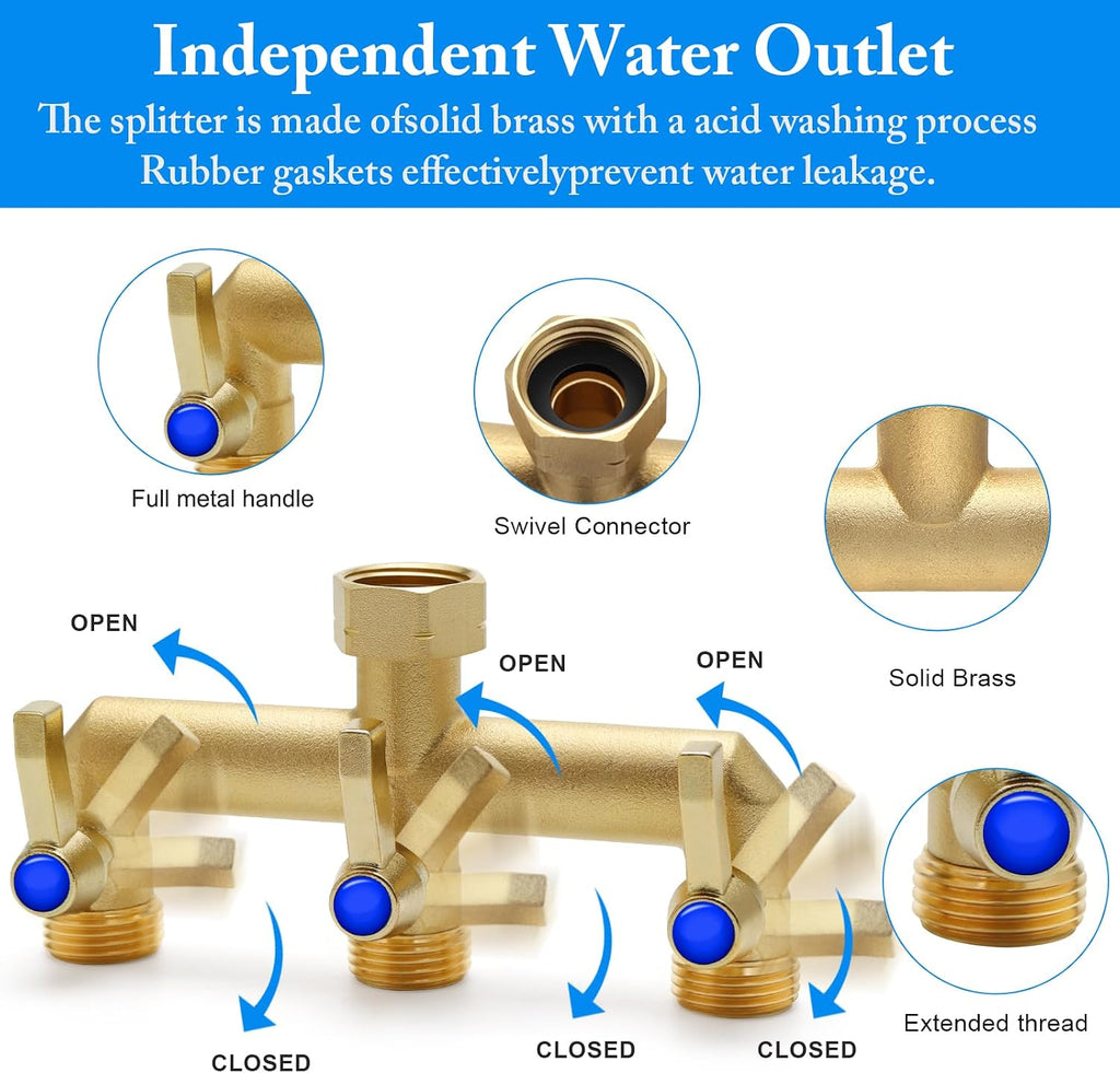Brass Garden Hose Splitter, 3 Way Hose Splitter, Outdoor Hose Splitter, Outlet for Regulating and Shutting Off Water