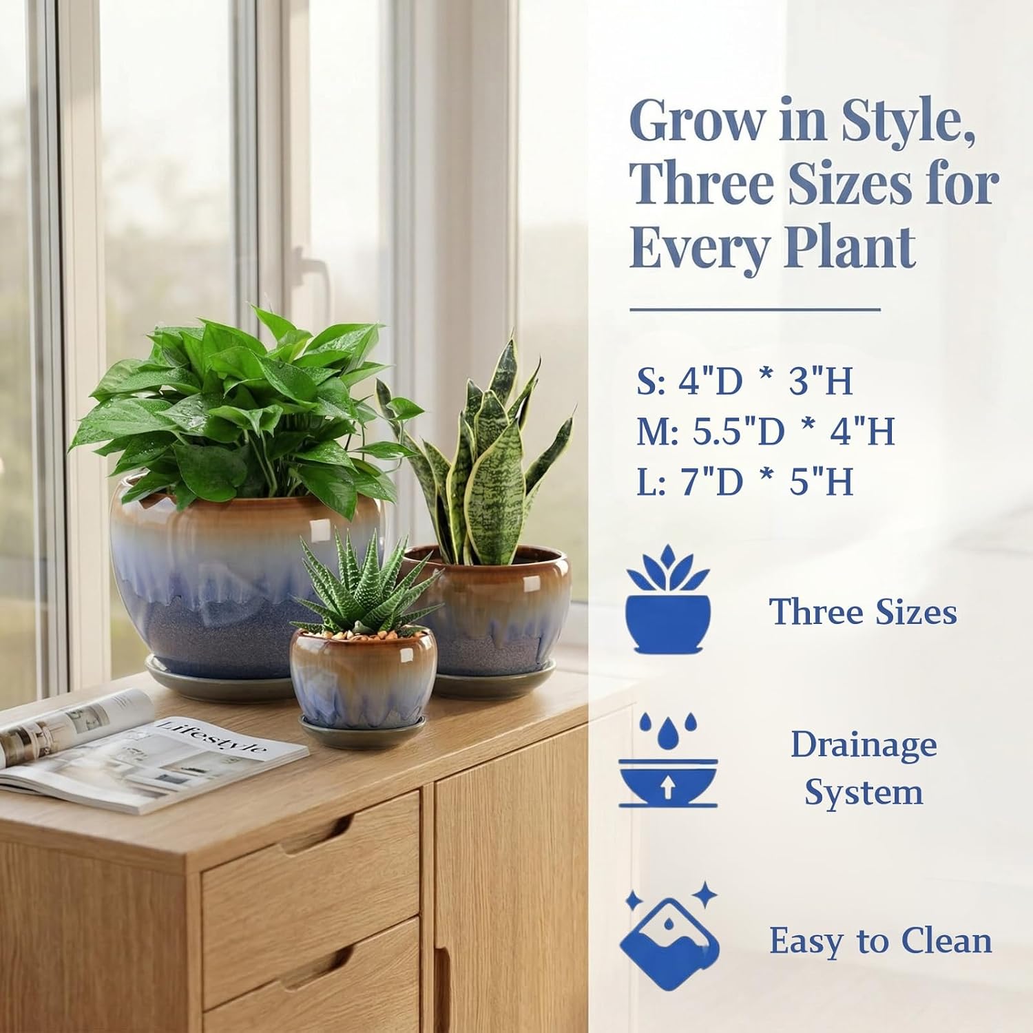 AVLA 3 Pack Ceramic Plant Pots, Gardening Drip Glazed Planters, Decorative Flower Pot with Drainage Hole and Saucer