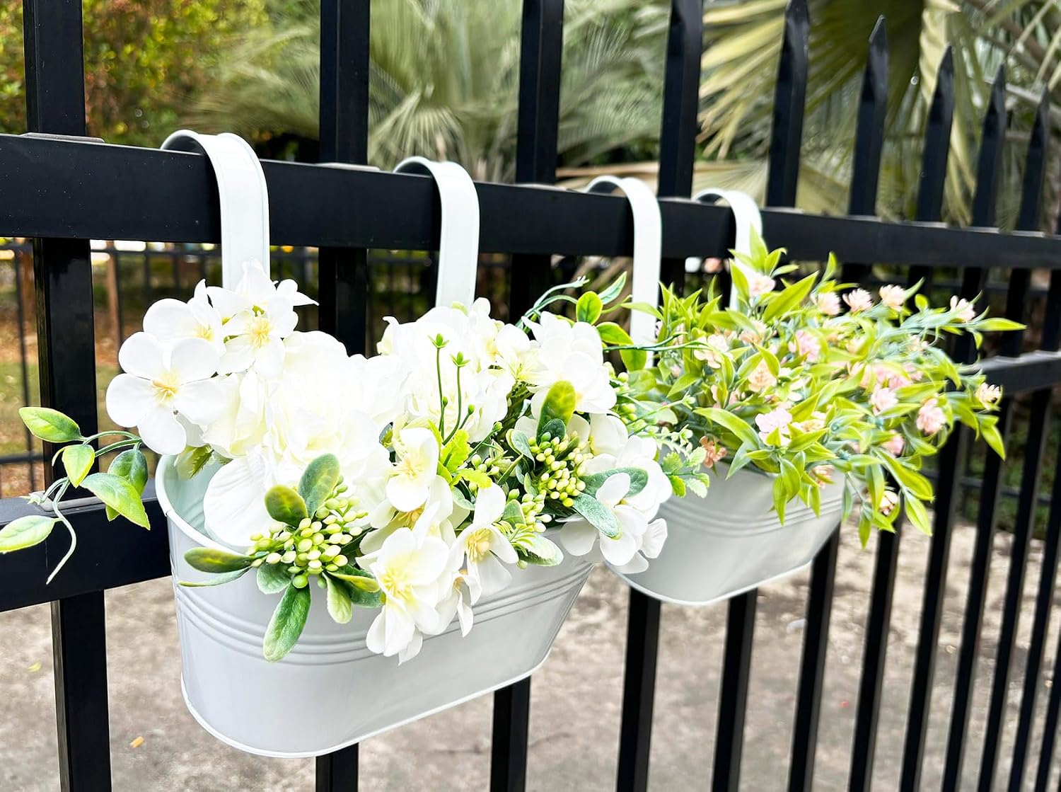 2 Pack 12" Metal Balcony Fence Railing Planters for Outdoor, Oval White | Detachable hooks, Drainage holes, Rustproof