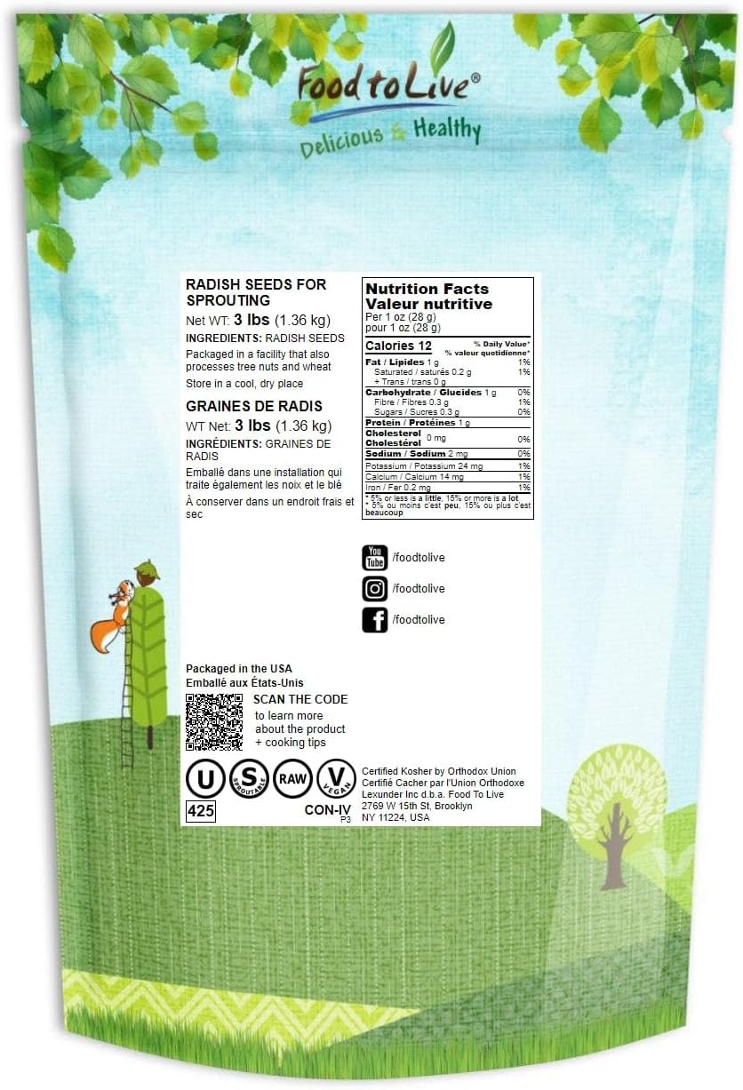 Food to Live - Radish Seeds for Sprouting, 3 Pounds Edible Seeds, Pure, Vegan, Kosher, Bulk. Rich in Vitamin C. High